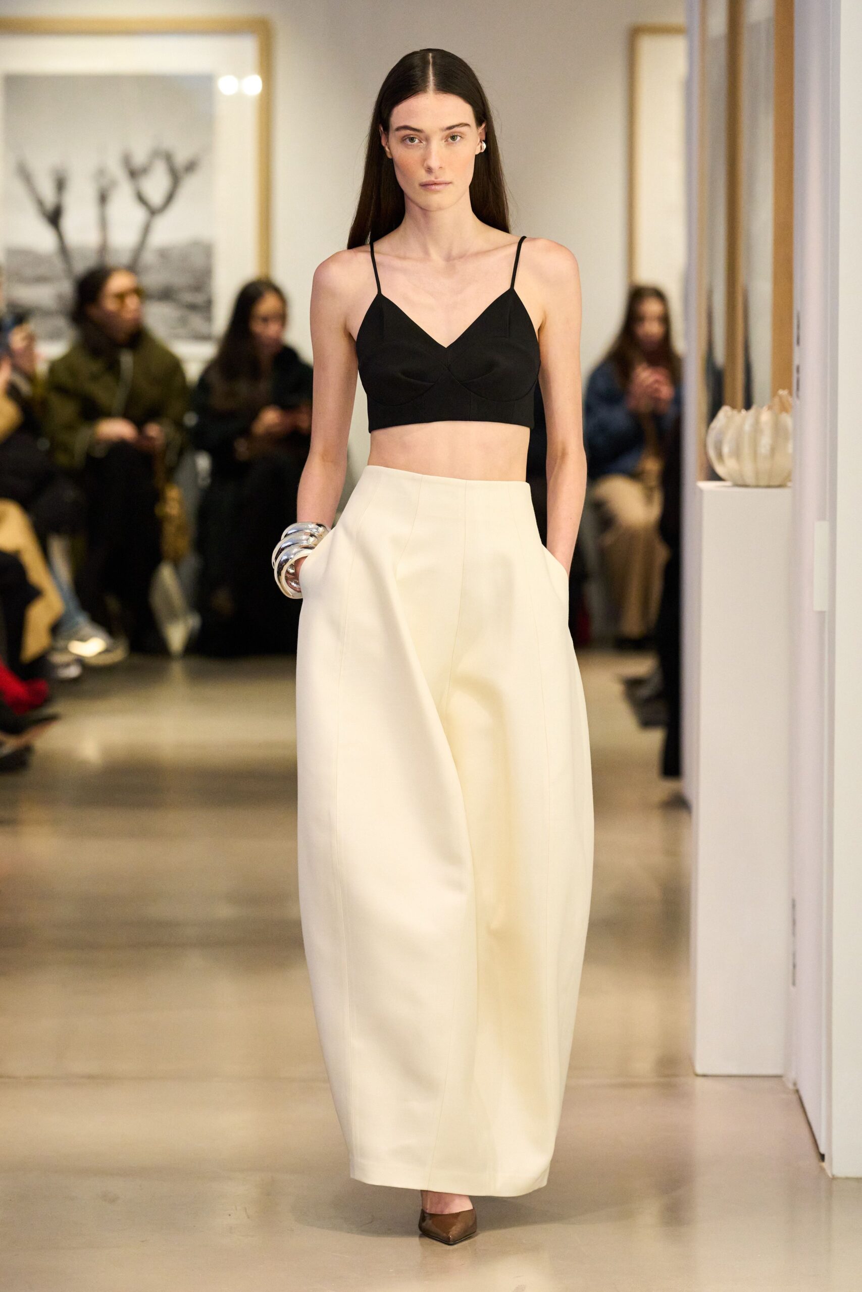 black crop-top white wide-leg pants
