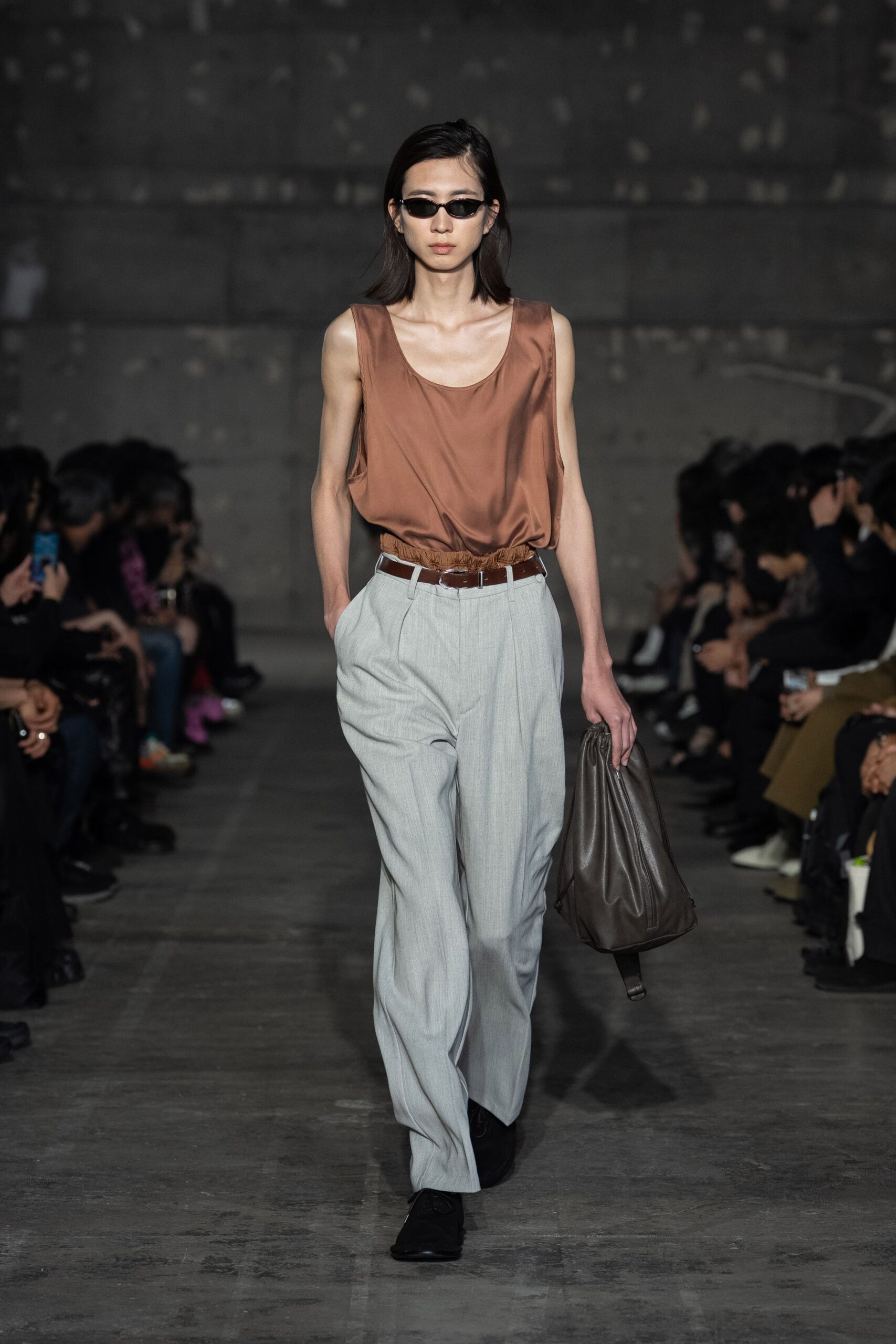 brown silk sleeveless scoop-neck relaxed draped shiny top