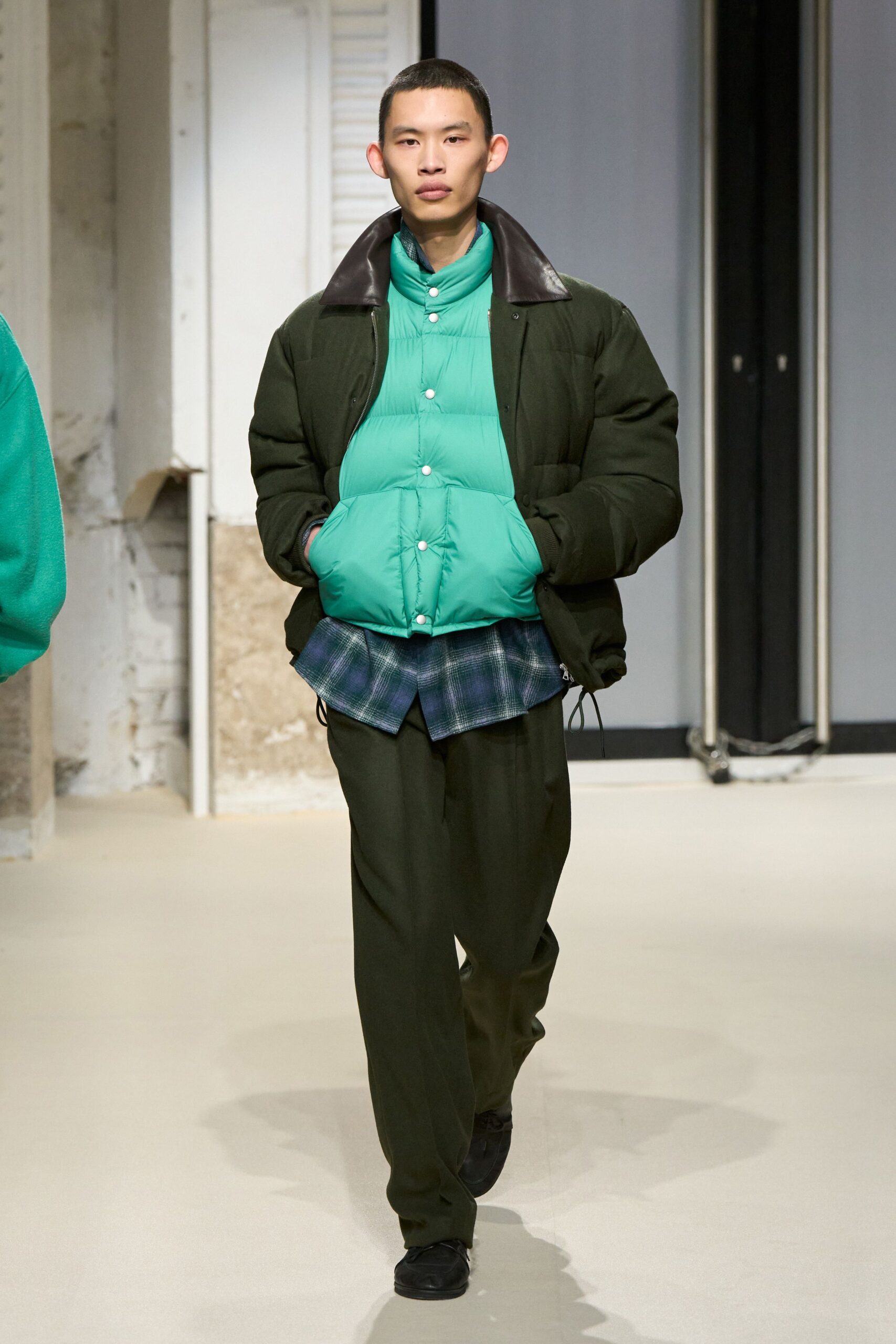 green relaxed jacket with checked shirt