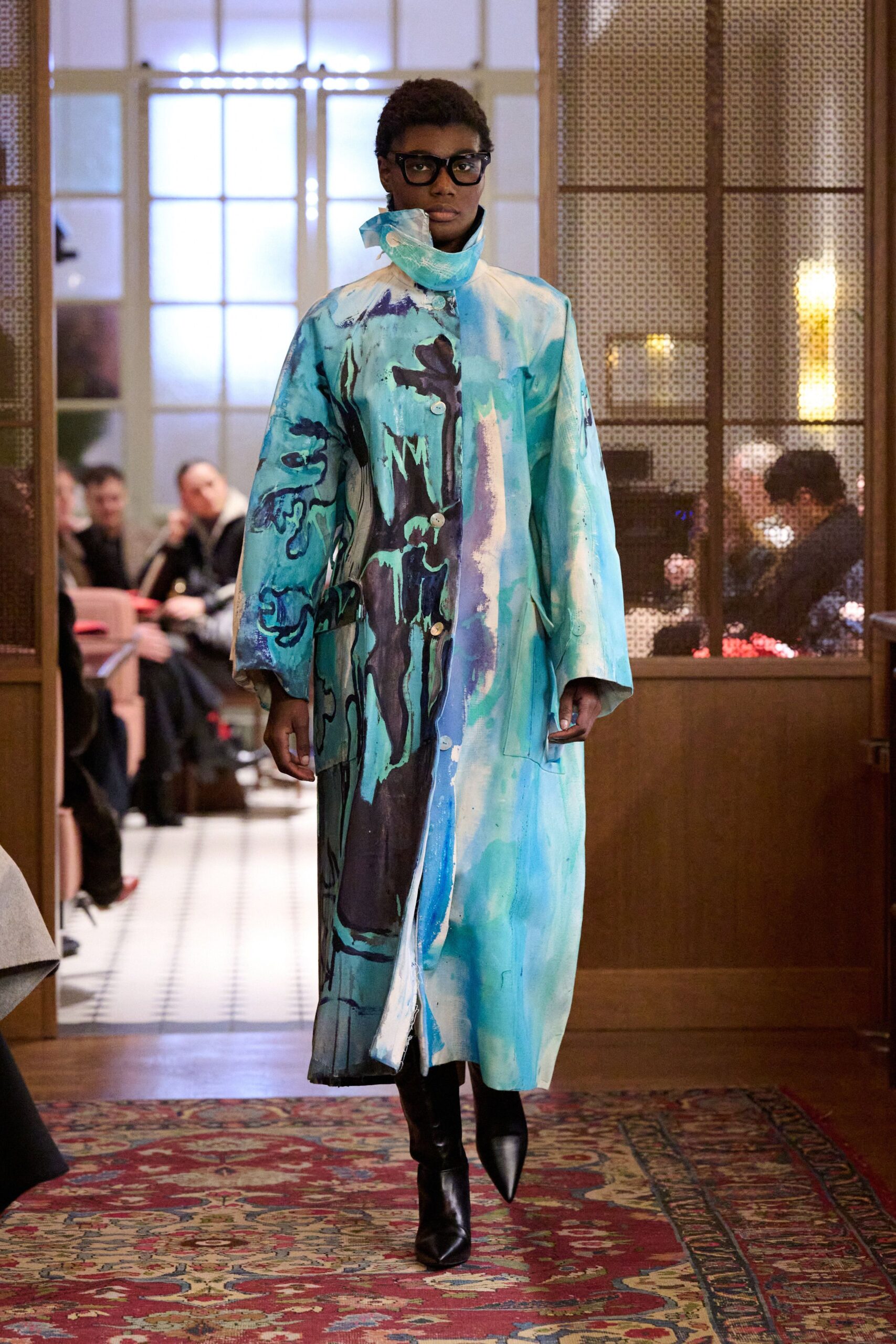 blue green printed maxi coat with boots
