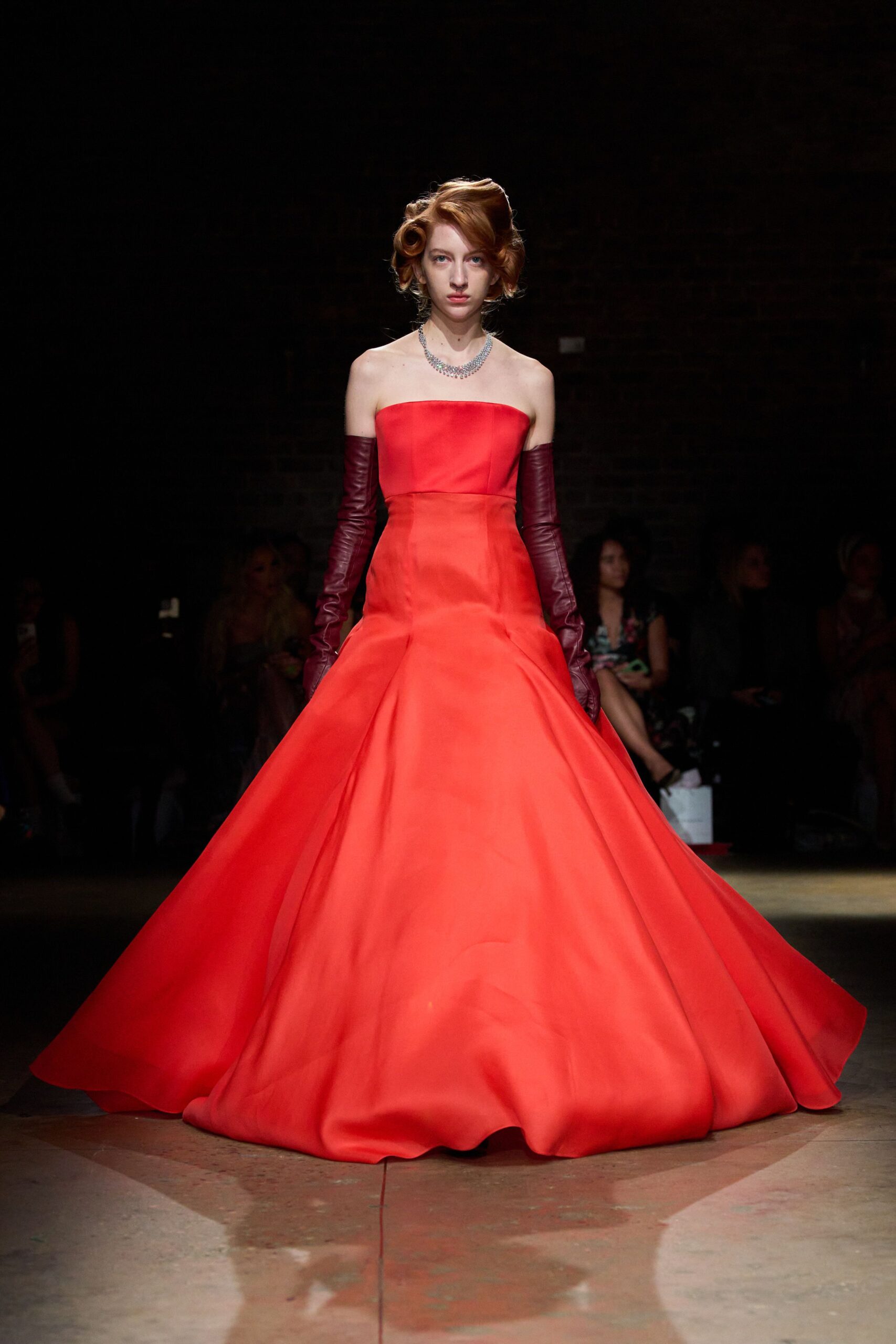 red silk strapless fitted a-line maxi gown