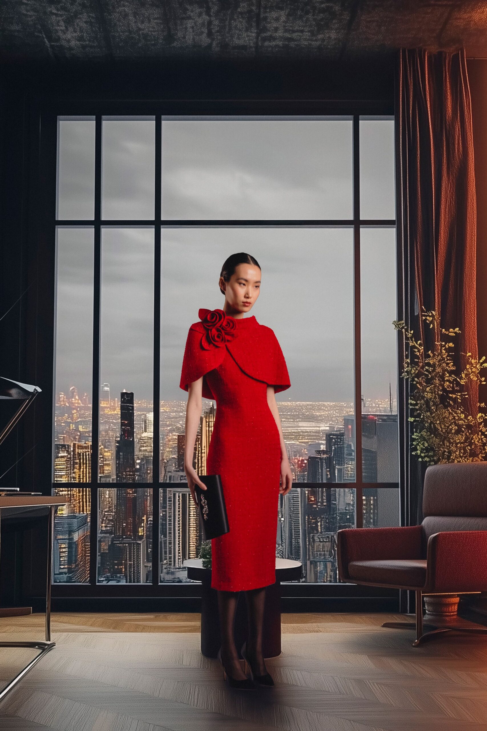 red silk short-sleeve high-neck fitted draped embellished dress