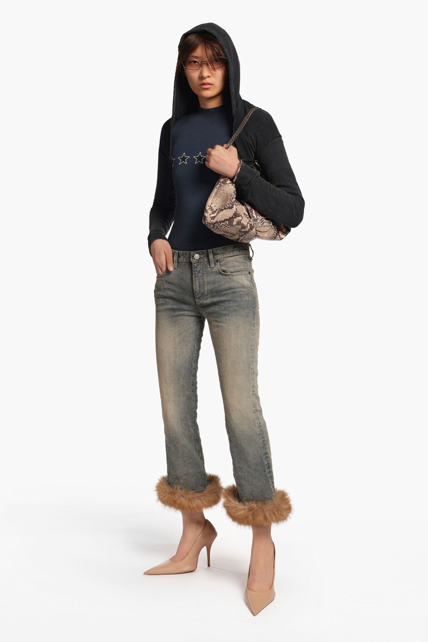 gray denim slim straight-leg distressed jeans