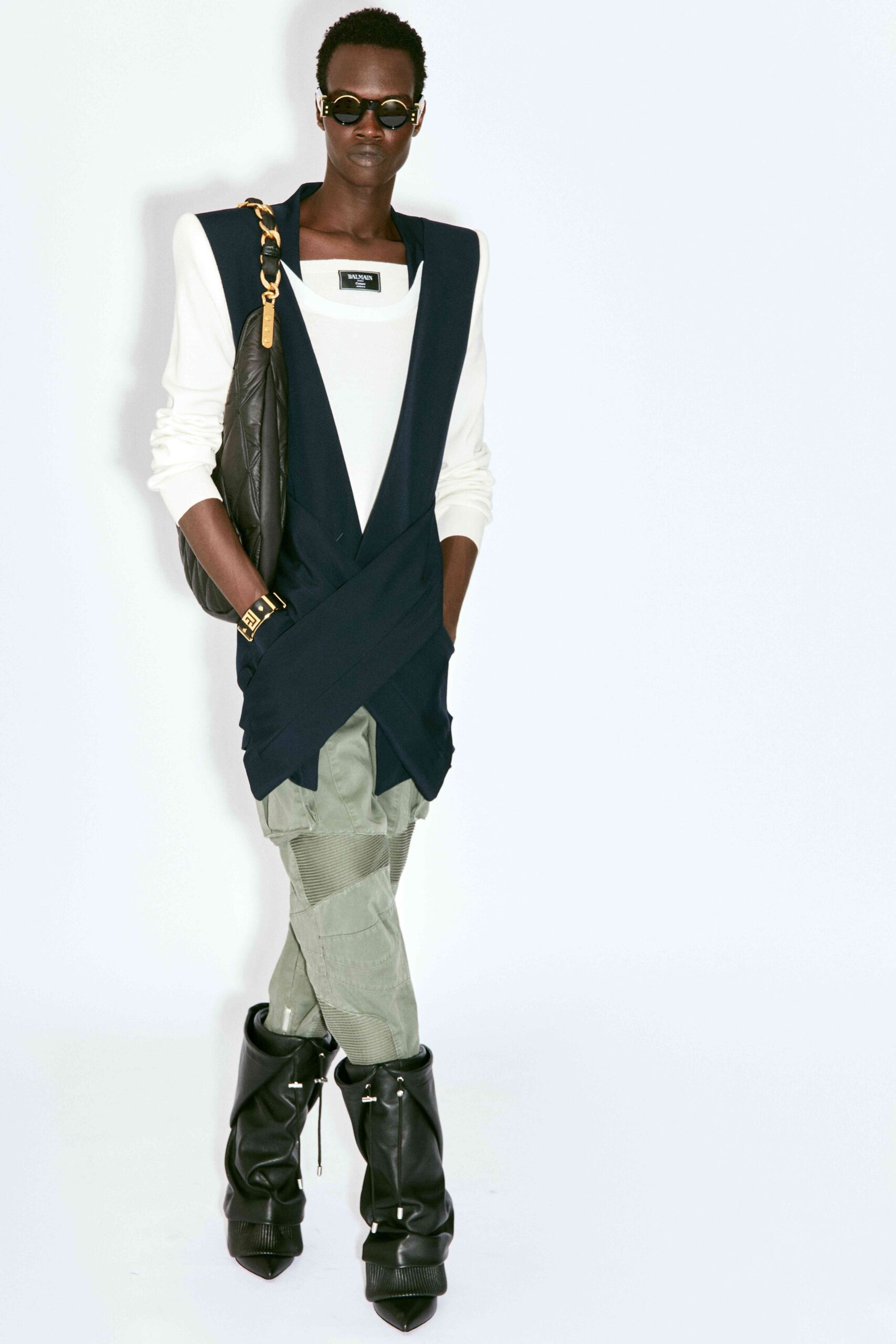 fitted white and blue top with cargo pants