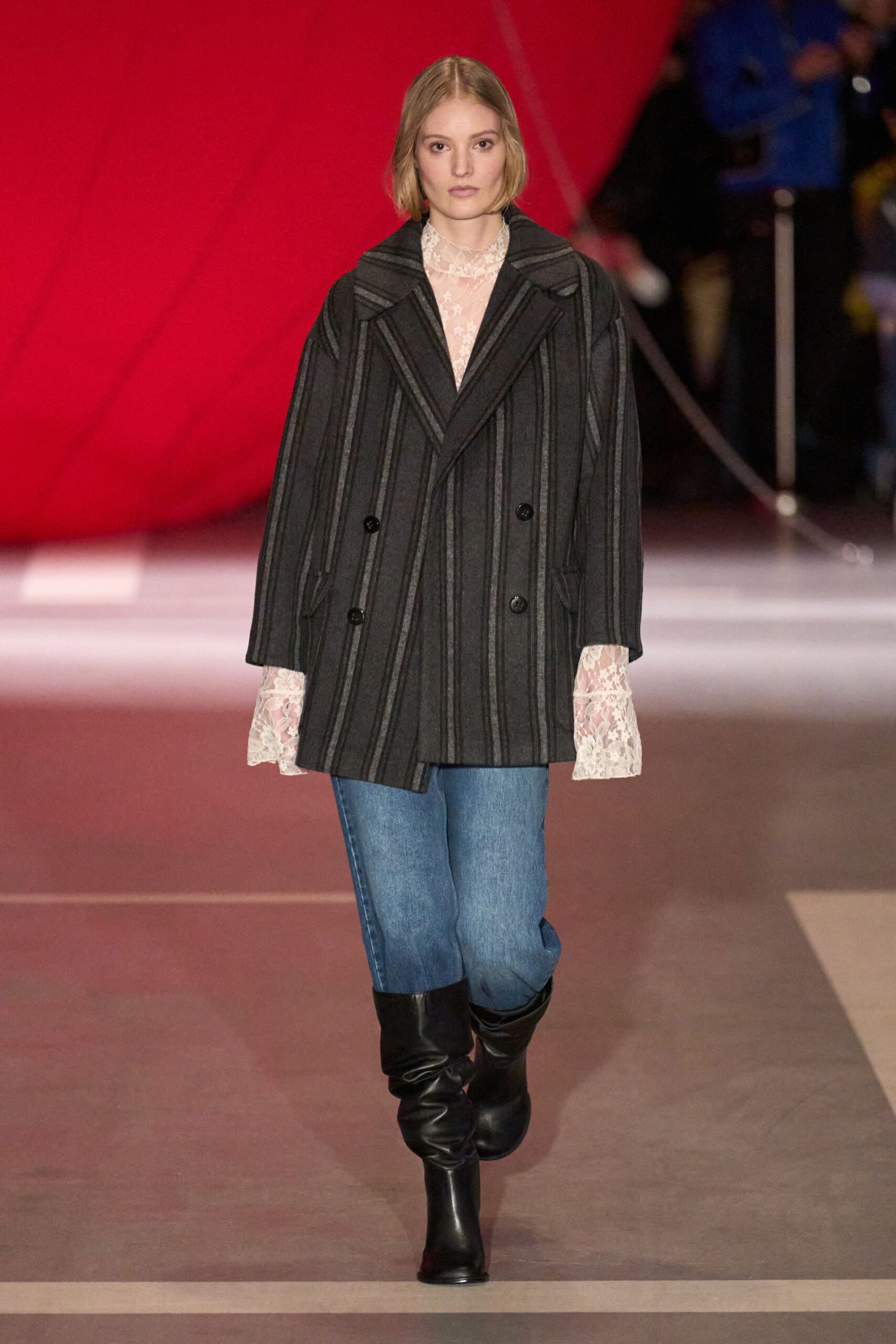 black gray striped coat with lace blouse