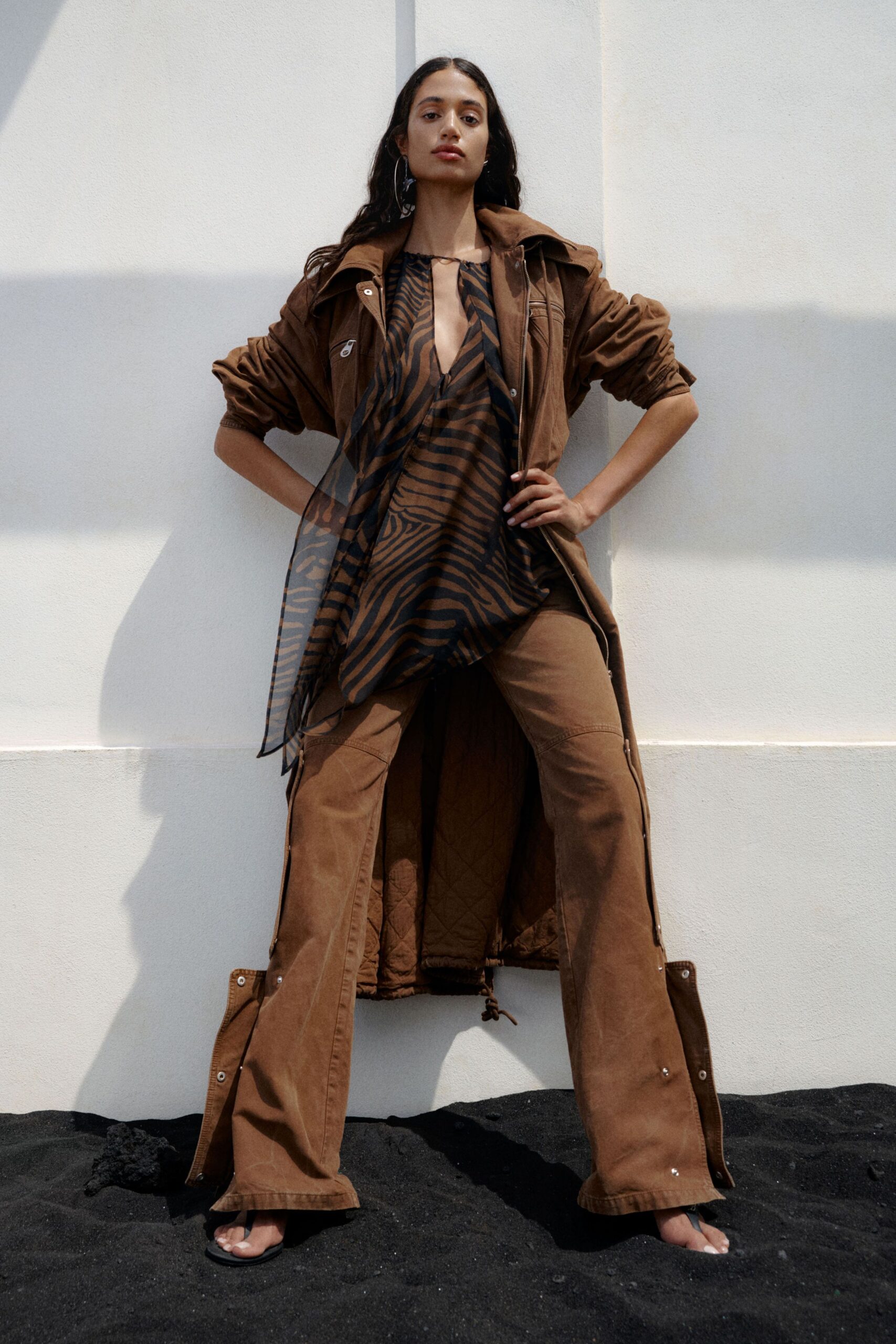 brown suede long-sleeve collared oversized longline jacket