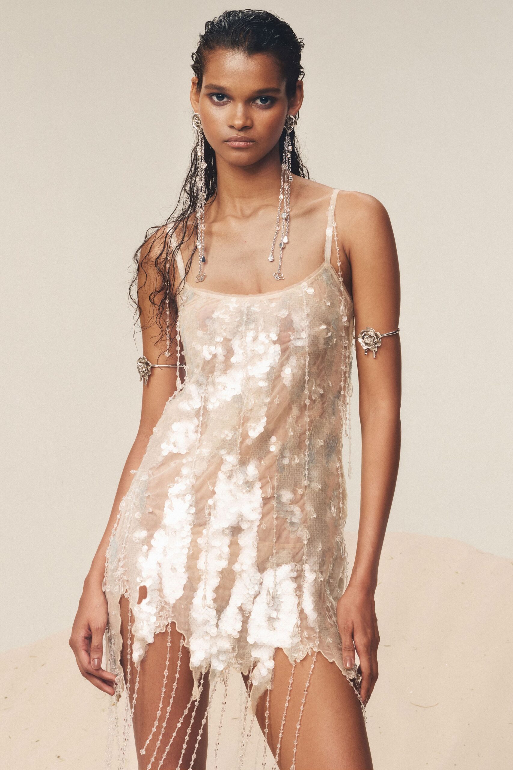 beige sequin sleeveless mini dress