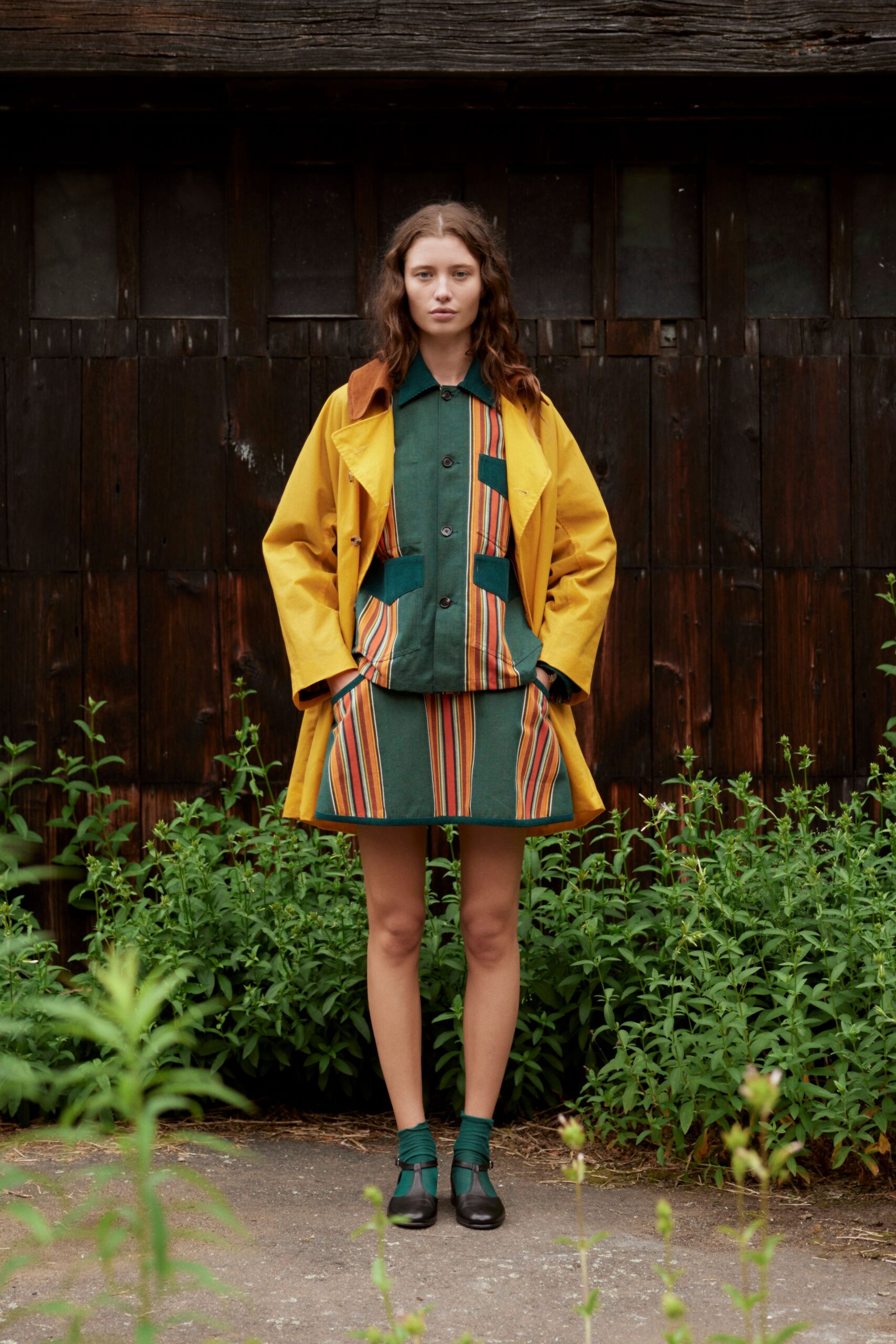 yellow long-sleeve collared relaxed buttoned coat