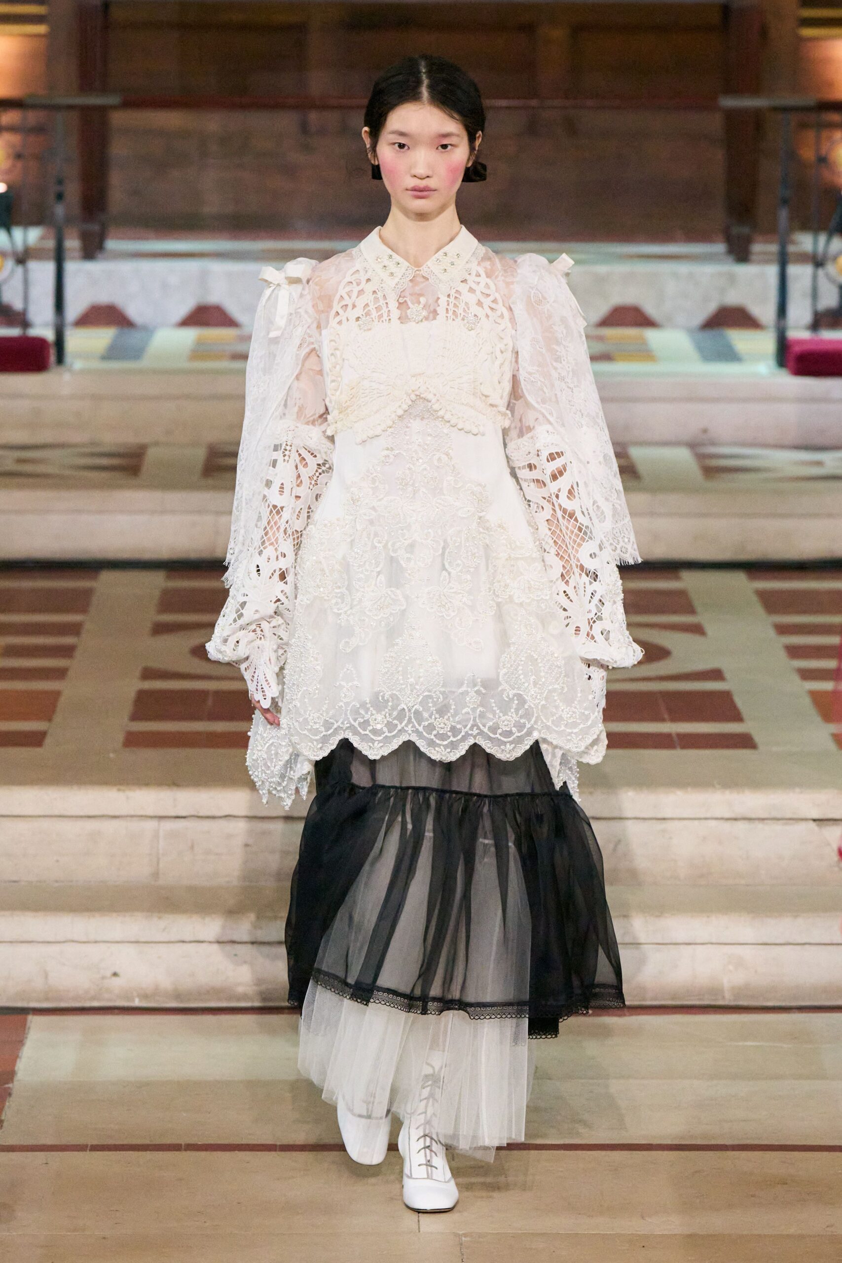 white lace long-sleeve collared fitted layered embroidered dress