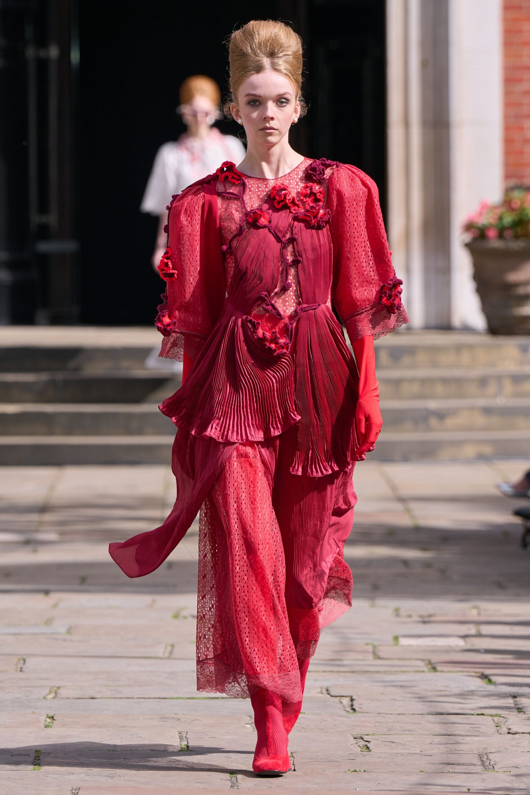 red silk long-sleeve v-neck fitted pleated ruffled dress