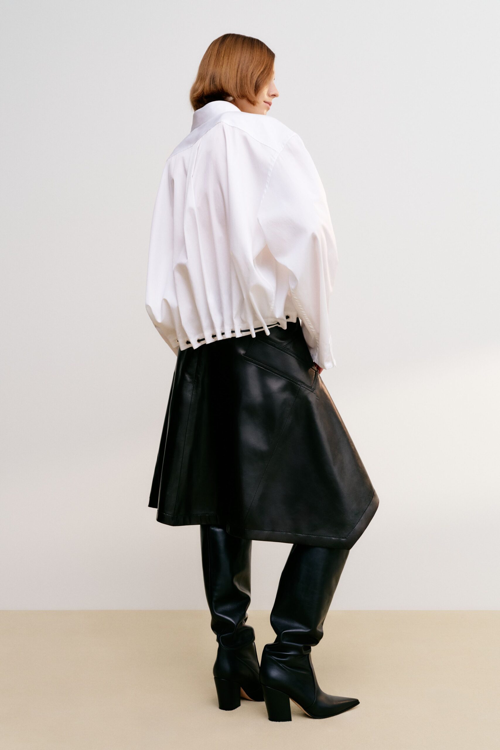 white silk long-sleeve collared oversized draped layered blouse