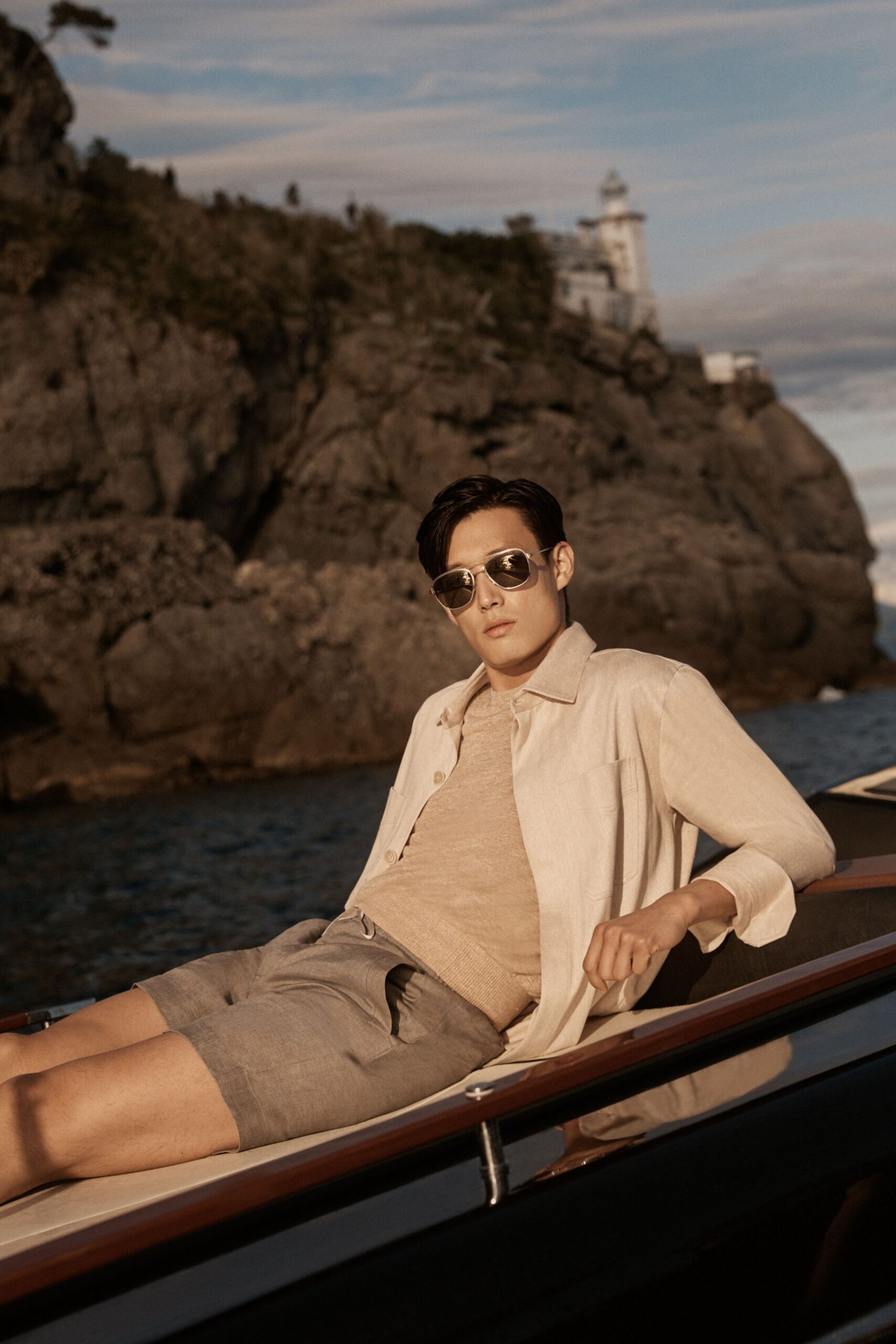 beige cotton shirt with gray shorts