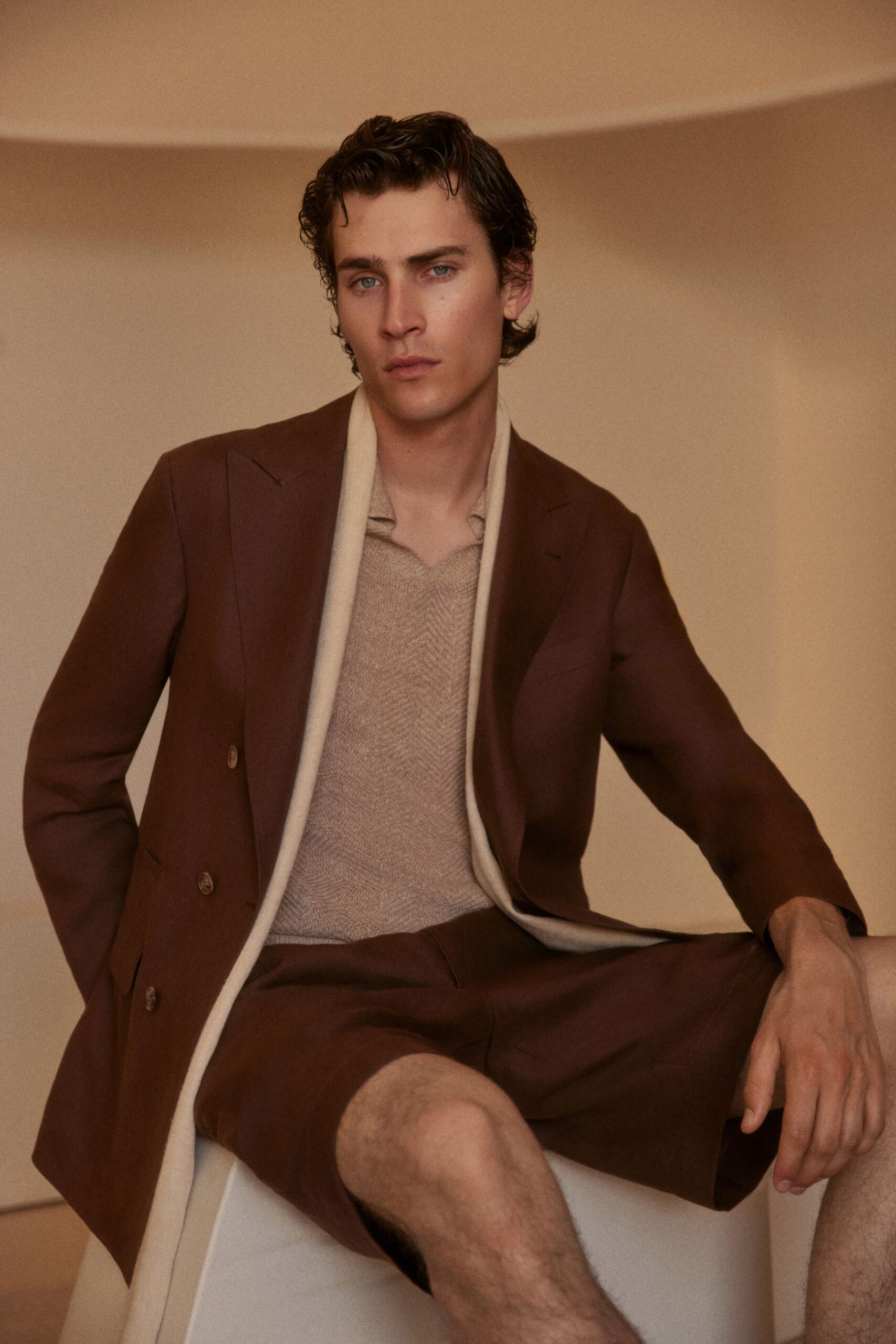 brown wool long-sleeve collared structured buttoned blazer