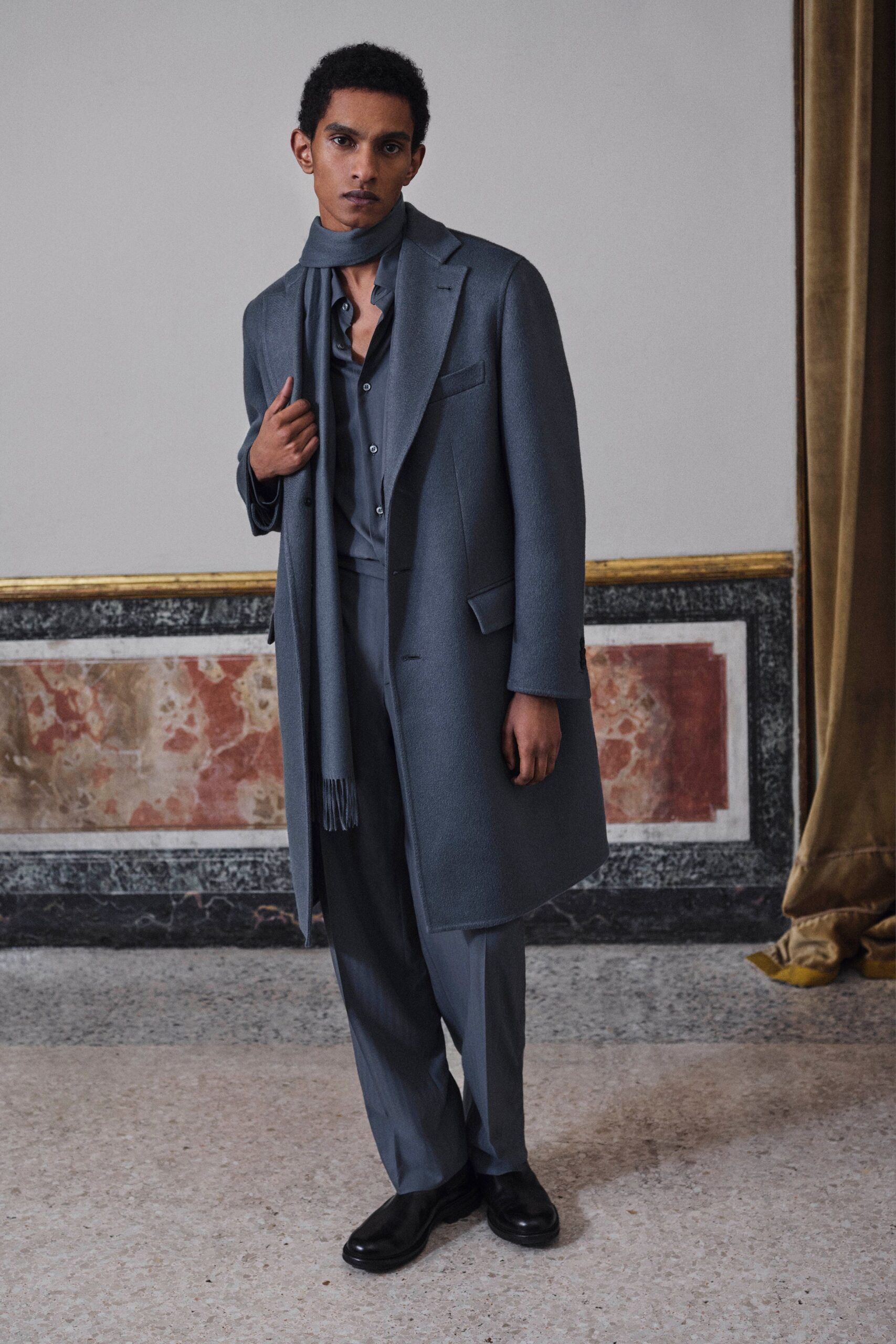 gray wool long-sleeve collared structured buttoned midi coat