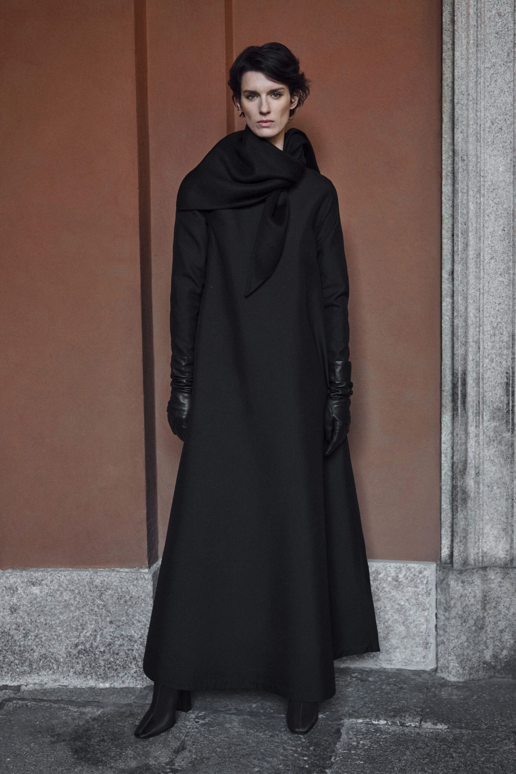 black wool long-sleeve high-neck fitted draped maxi gown