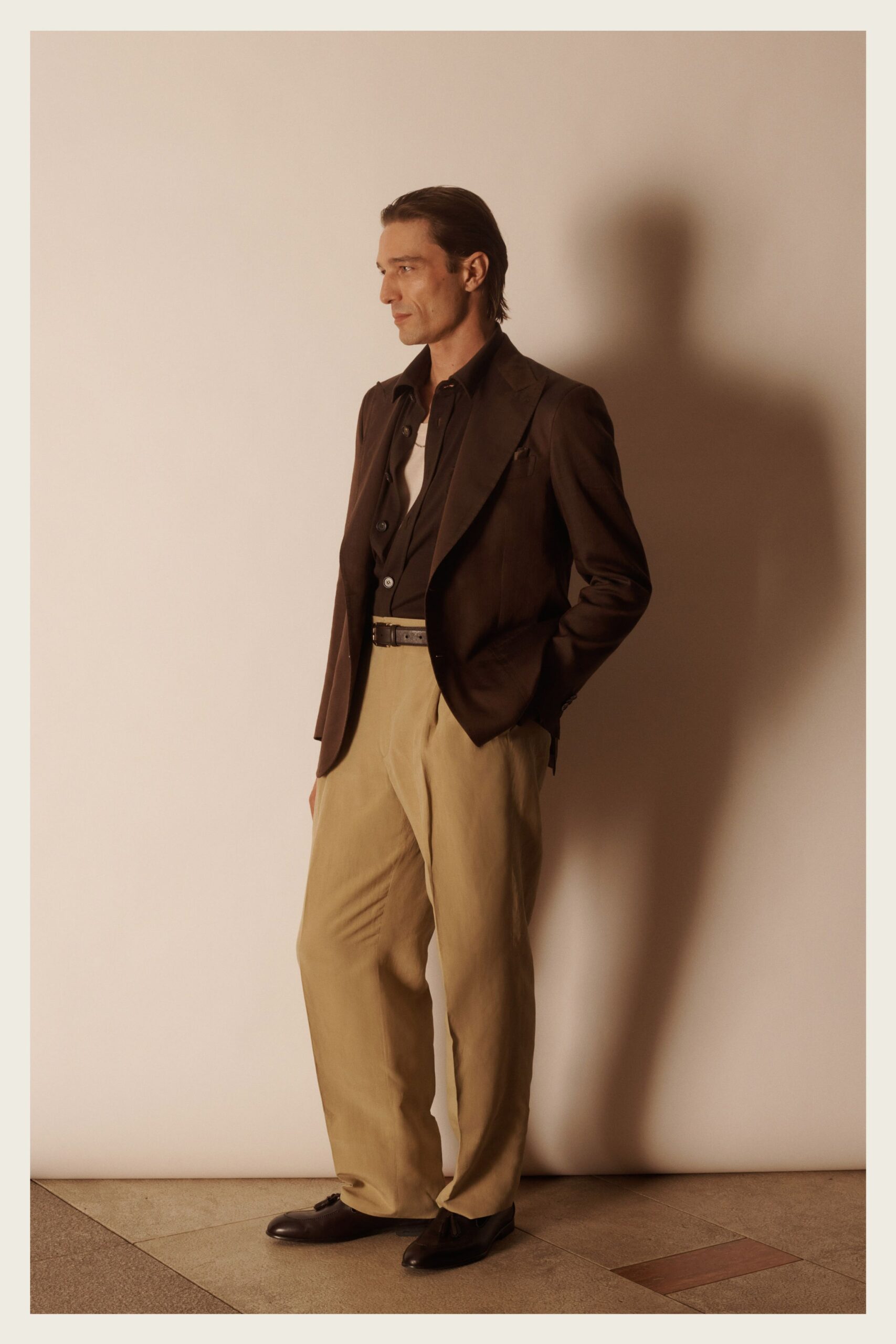 brown cotton long-sleeve collared tailored buttoned shirt