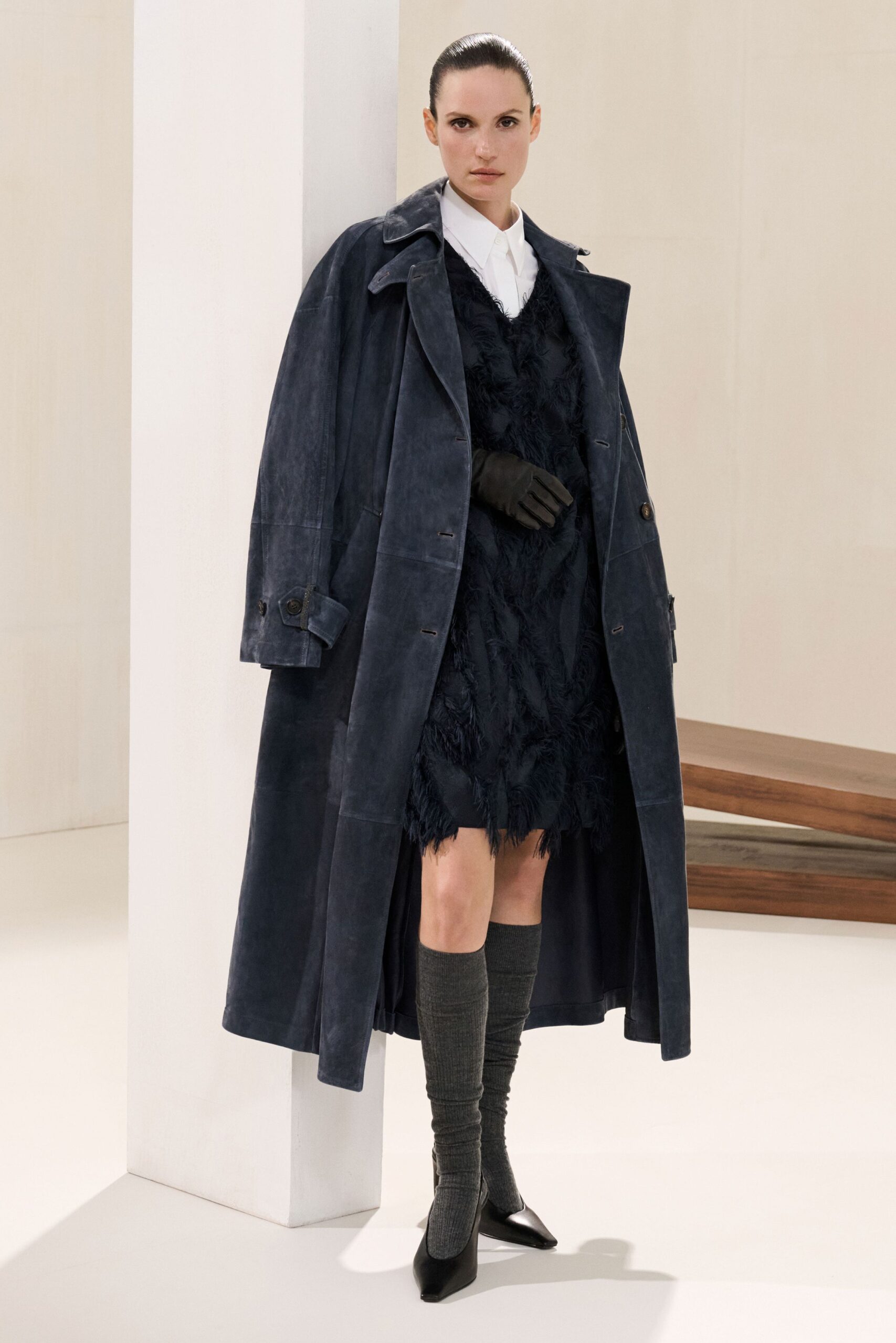 black suede long-sleeve collared relaxed buttoned maxi coat
