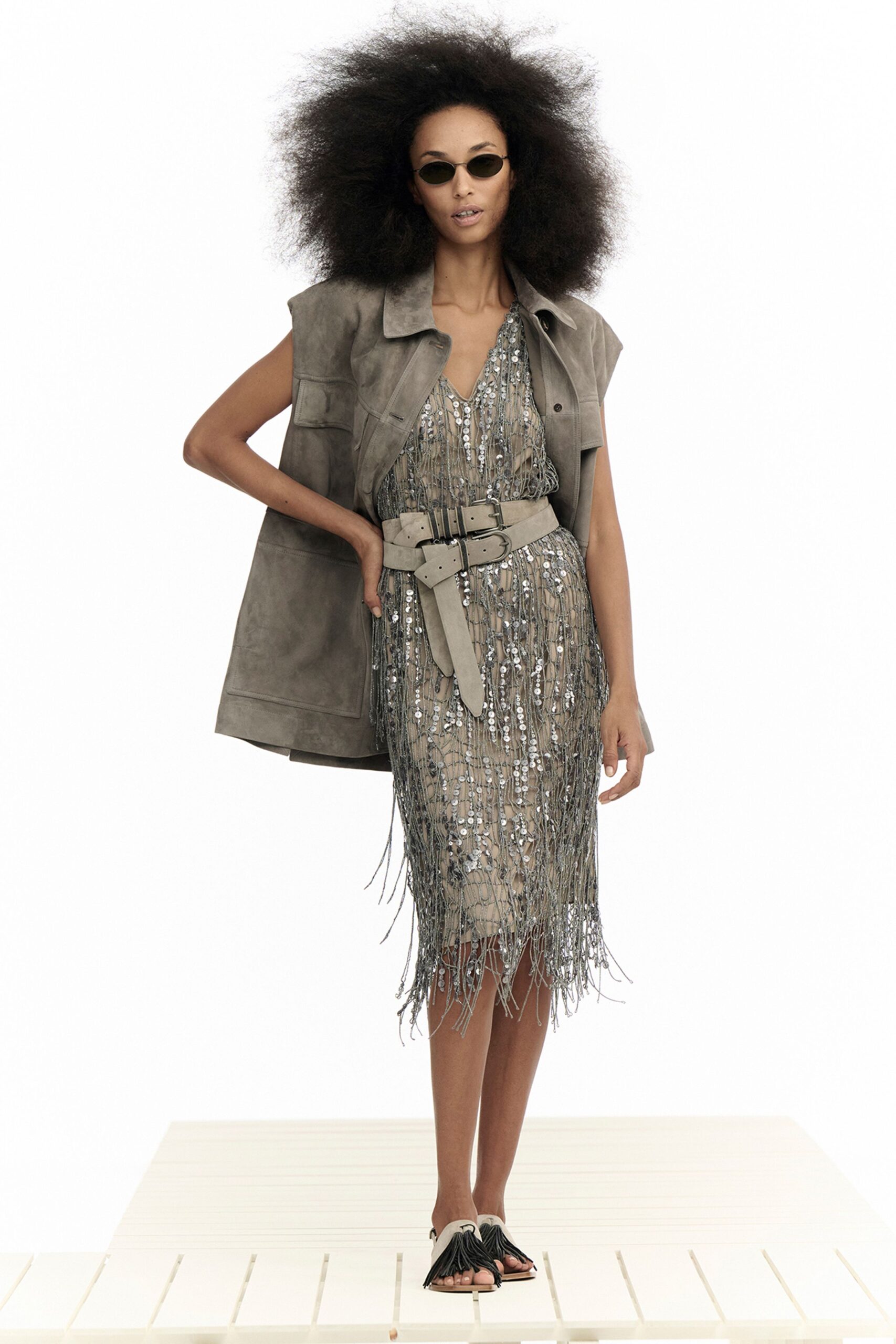 gray suede sleeveless relaxed buttoned jacket