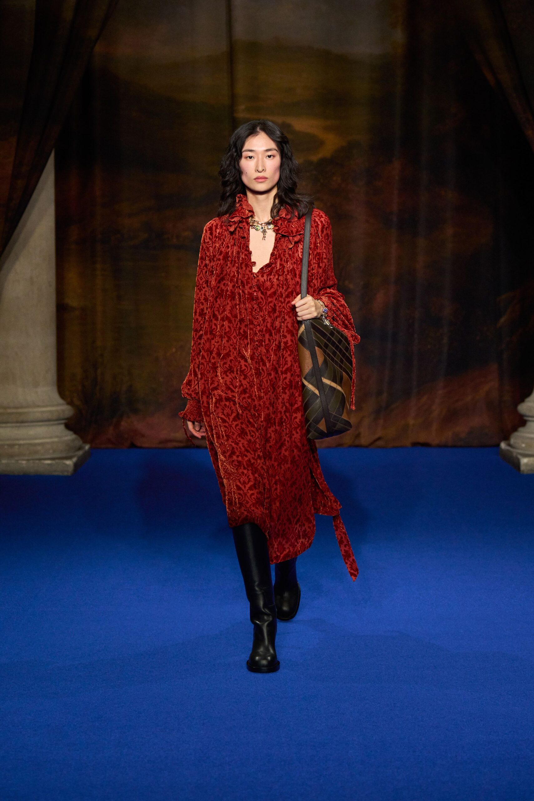 red velvet midi dress with boots