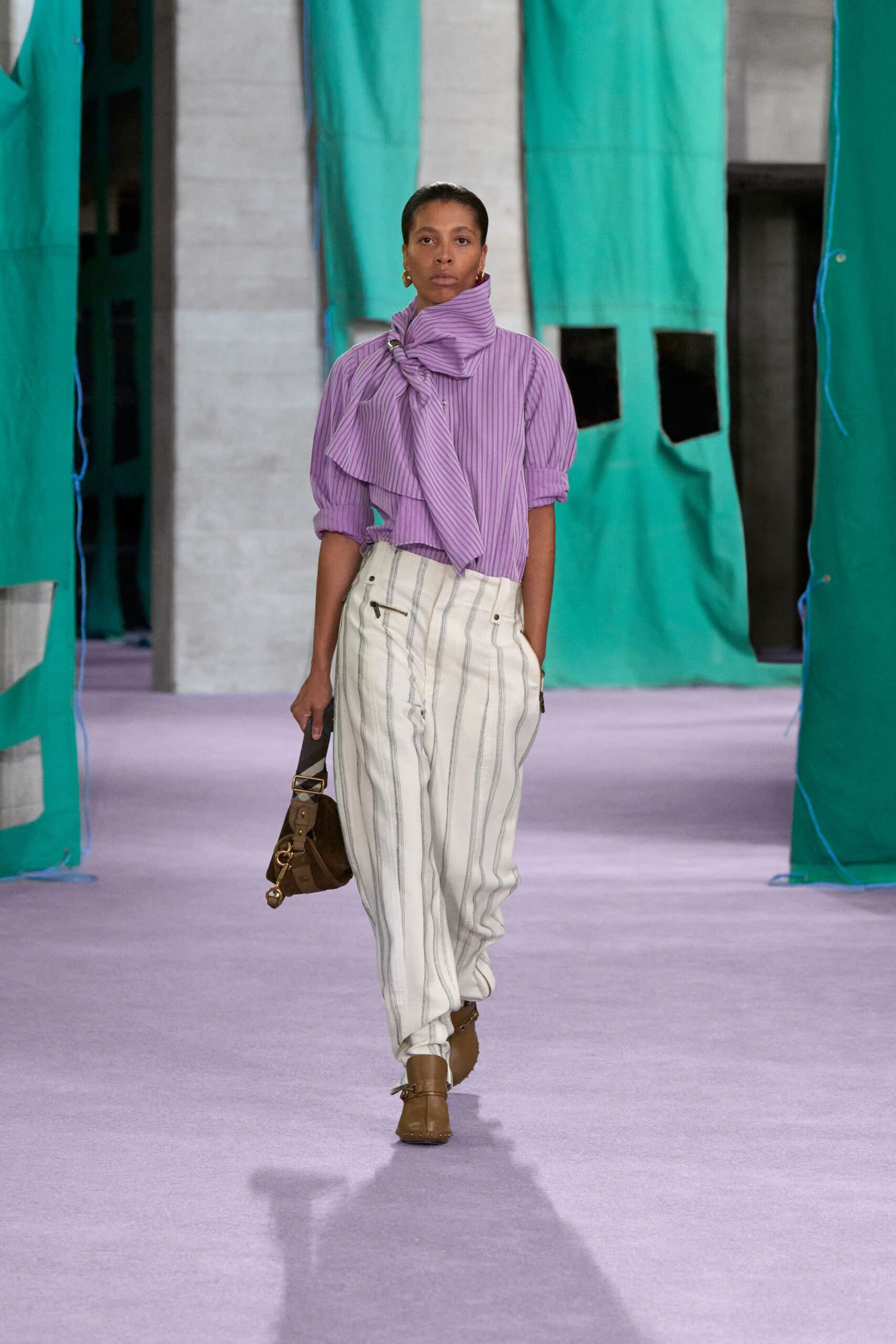 purple striped shirt with relaxed pants