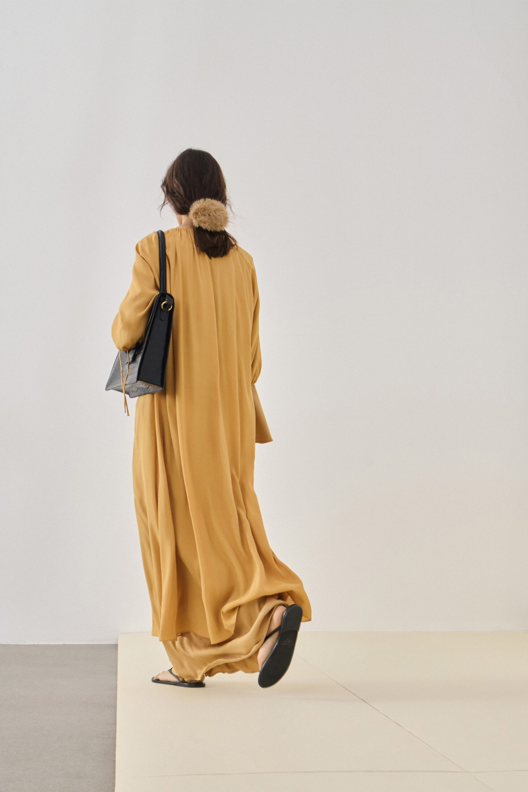 yellow silk long-sleeve relaxed flowing maxi dress
