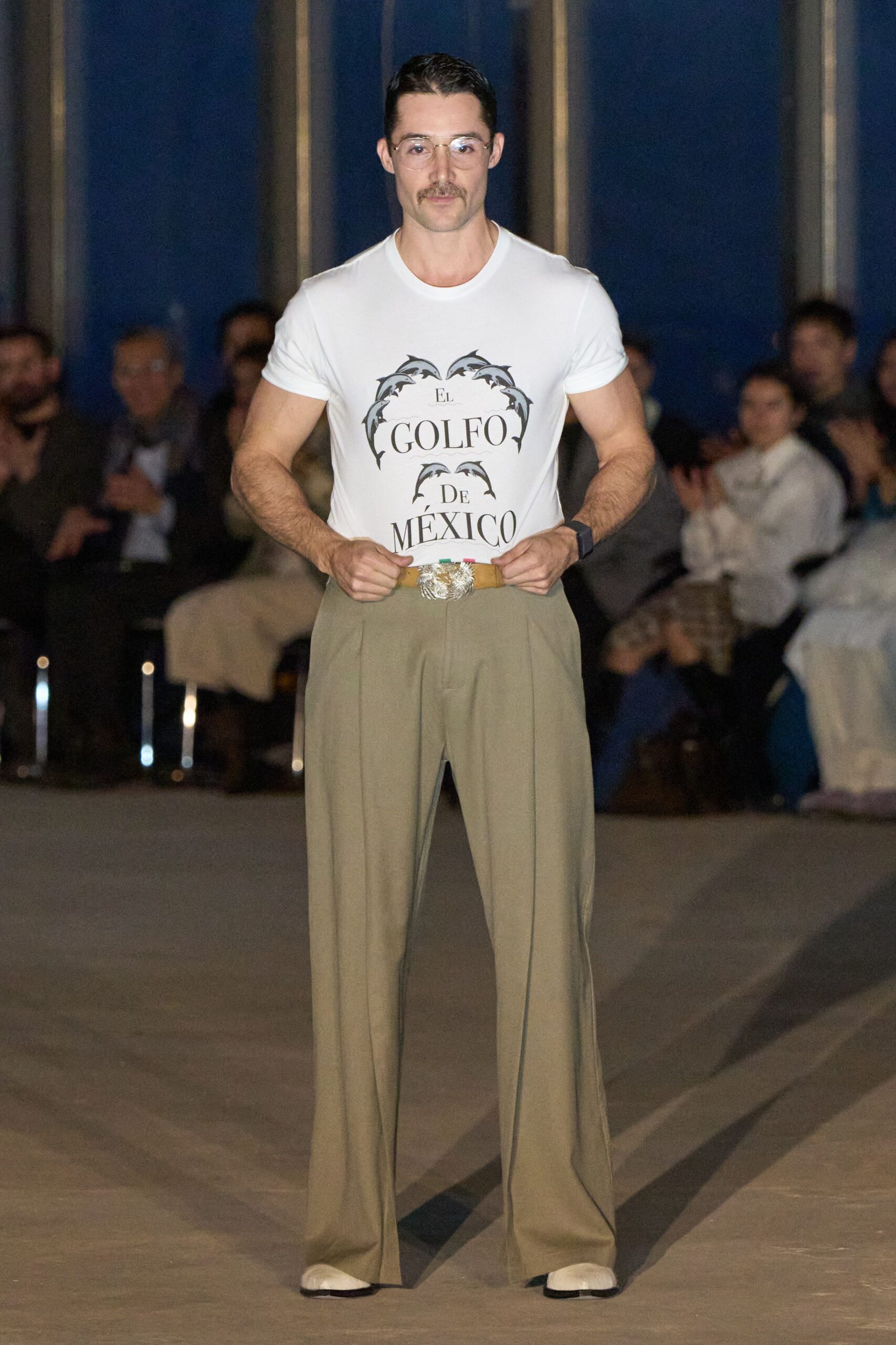 white printed t-shirt with beige pants