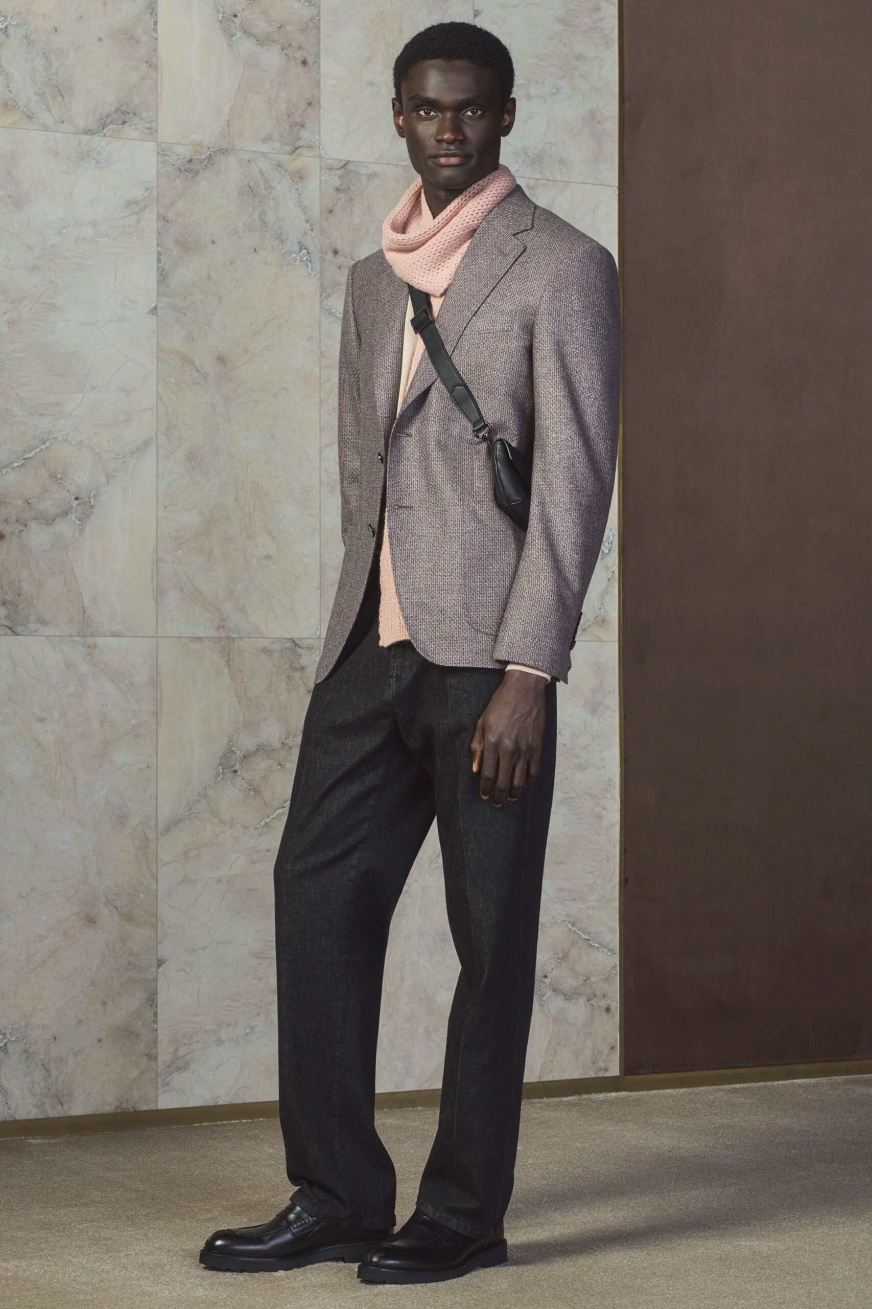 gray tweed blazer with pink sweater