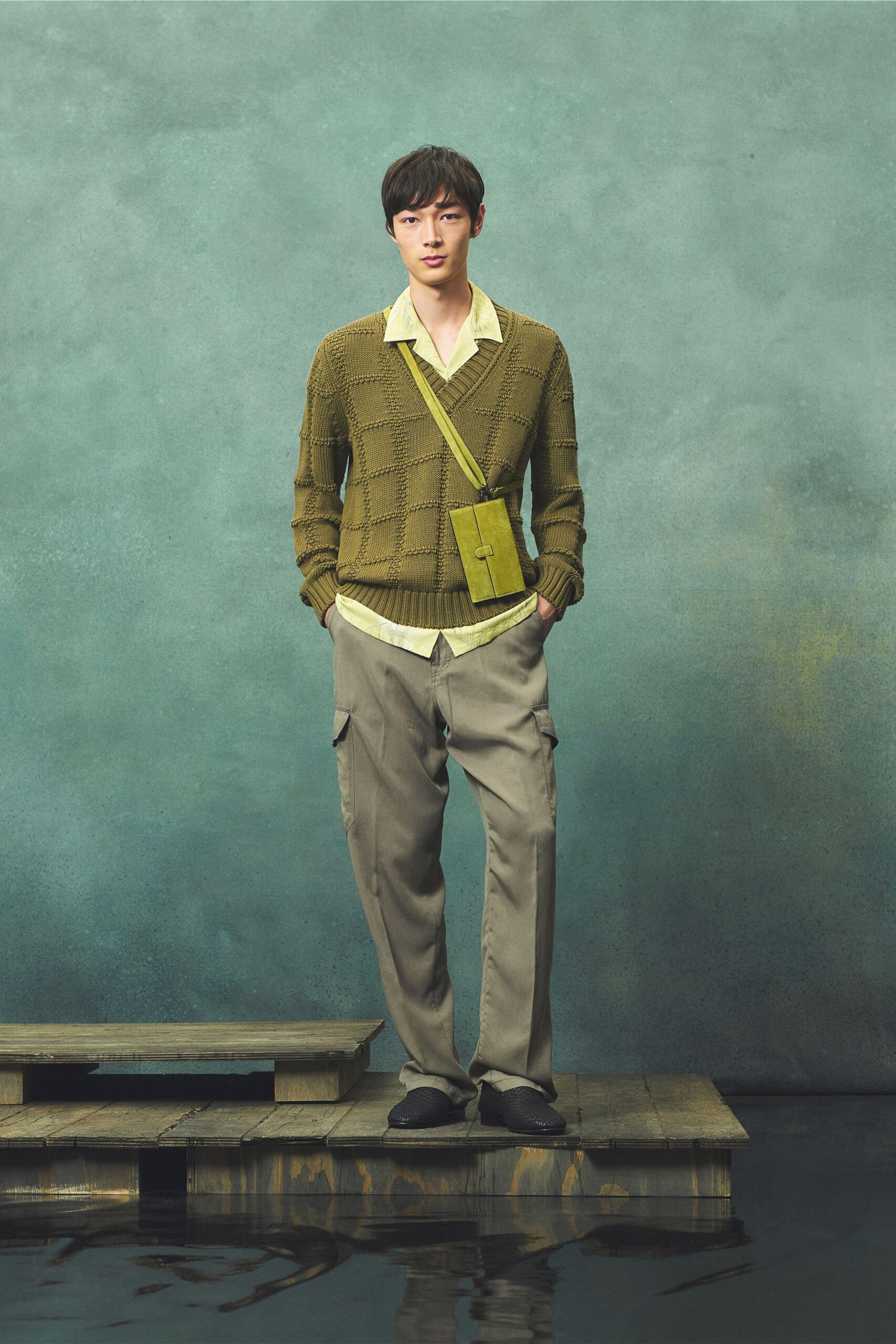 green cotton long-sleeve v-neck relaxed sweater