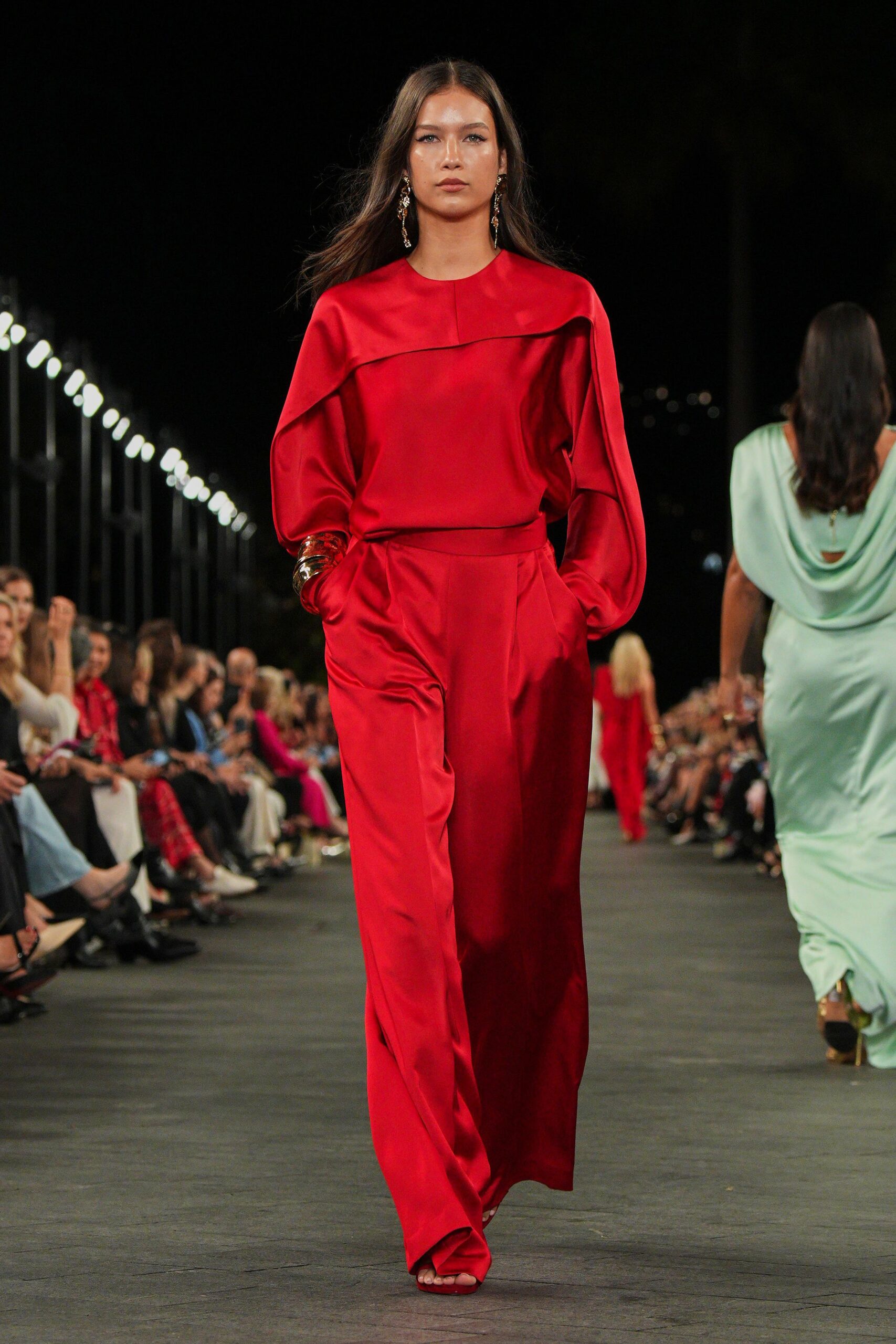 red satin jumpsuit with sandals