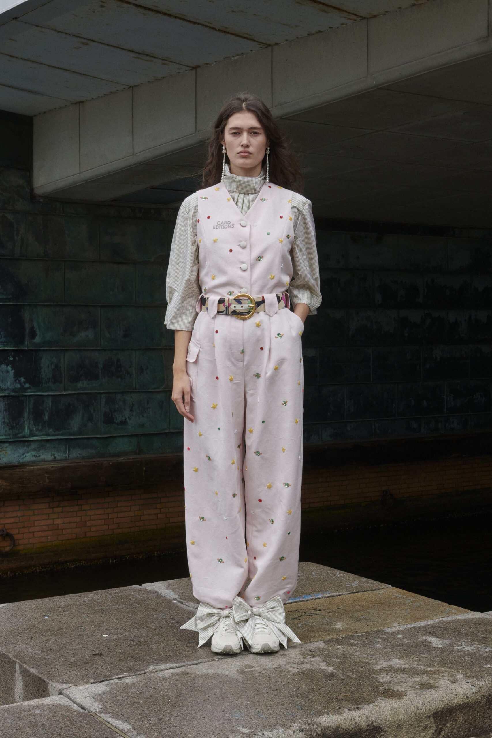 pink cotton sleeveless v-neck relaxed buttoned embroidered jumpsuit