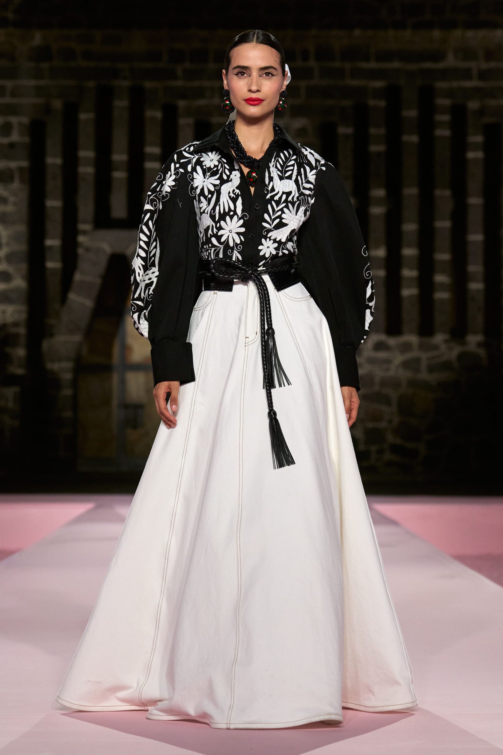 black and white embroidered top with maxi skirt