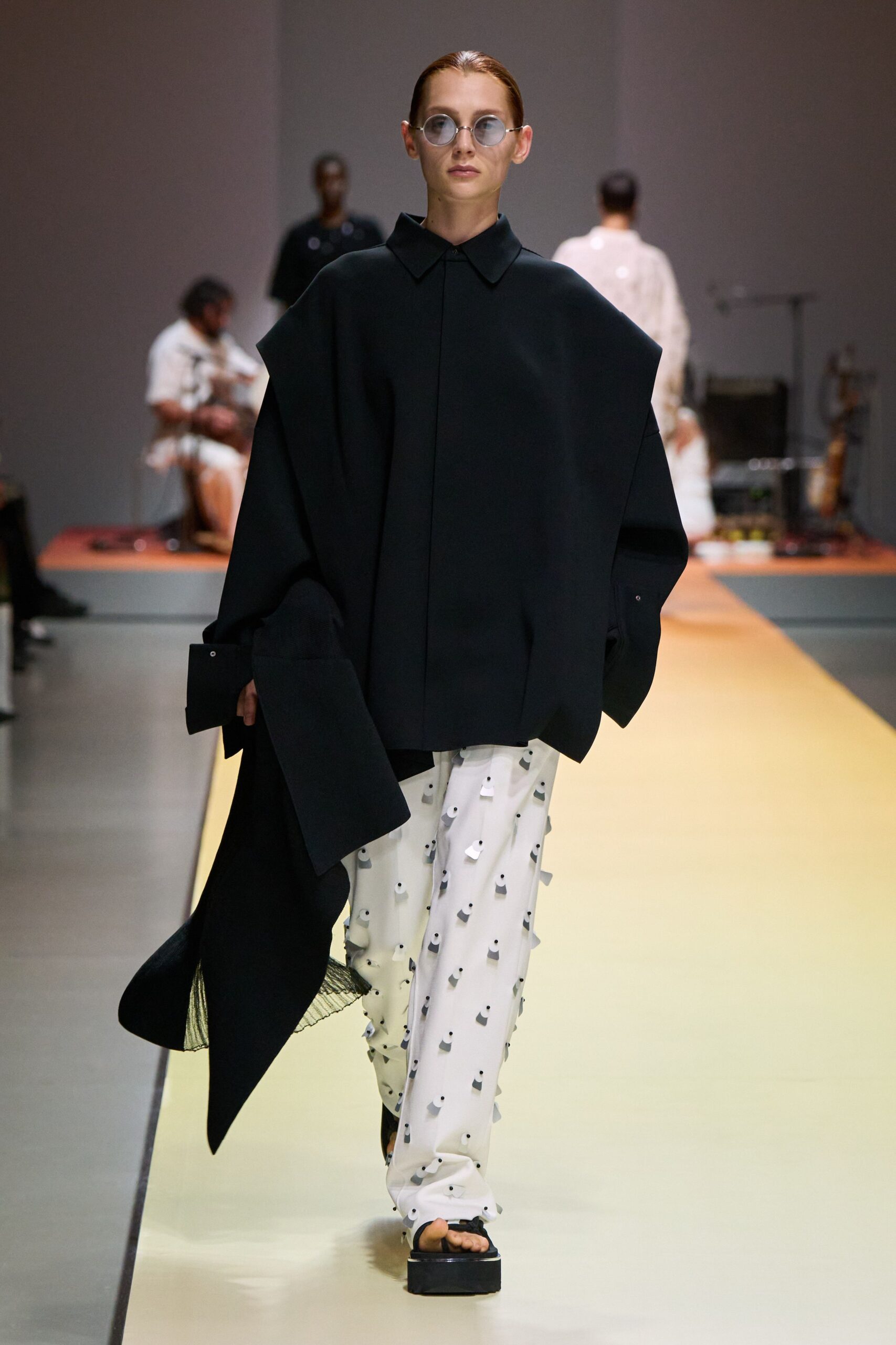 oversized black coat with printed pants