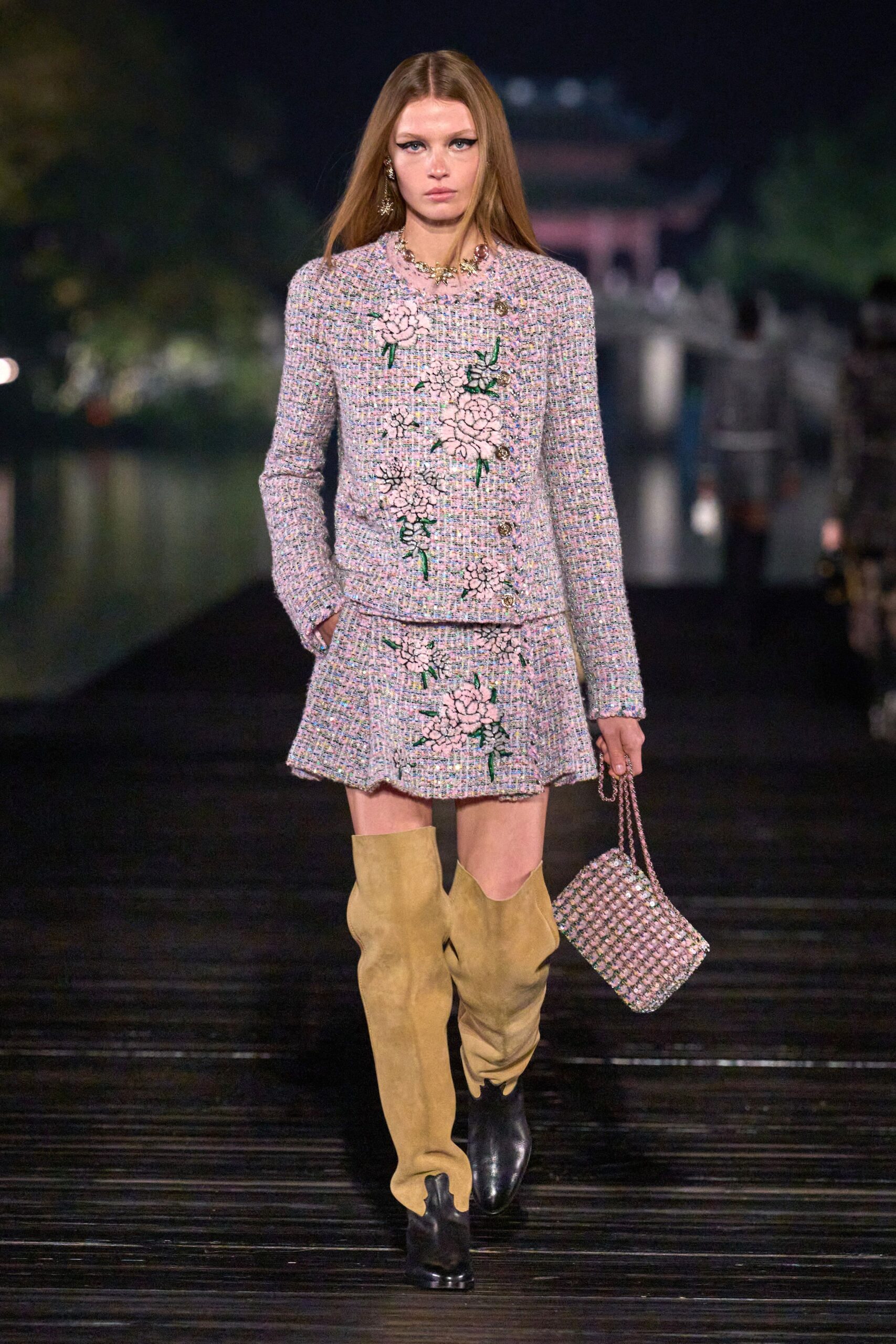 pink tweed mini dress with boots