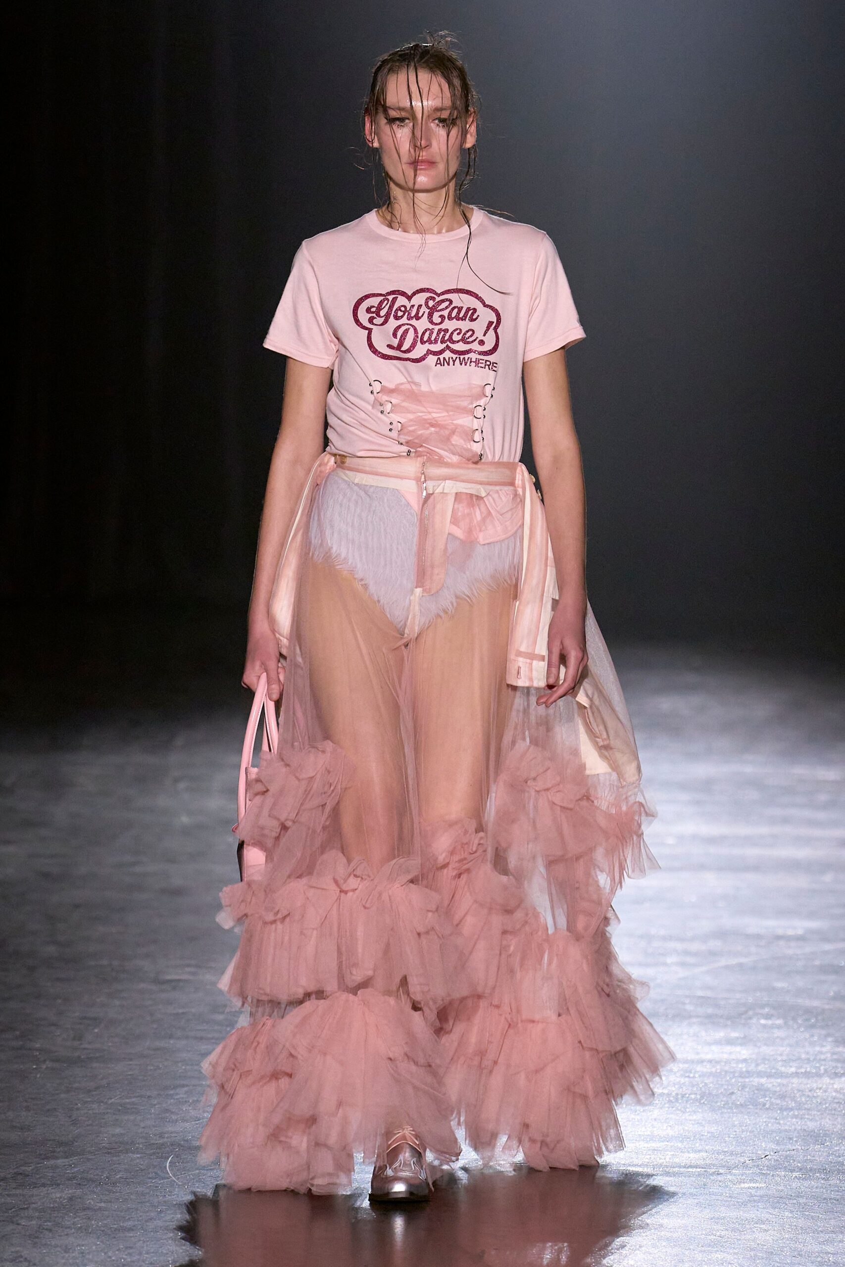 pink t-shirt and tiered skirt