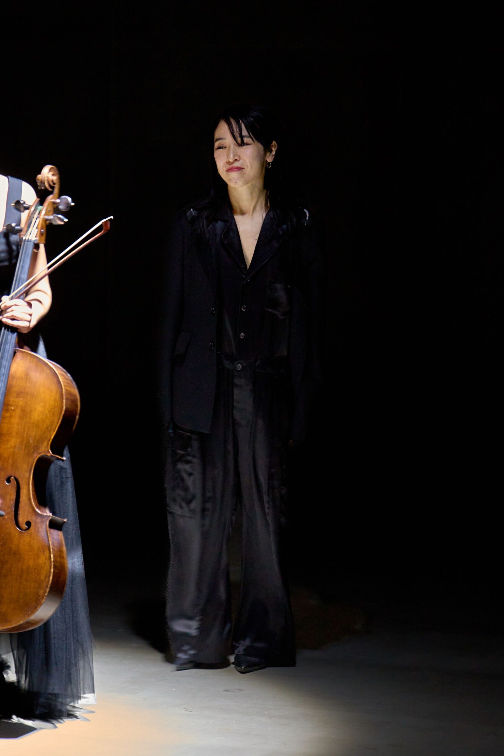 black tailored silk suit