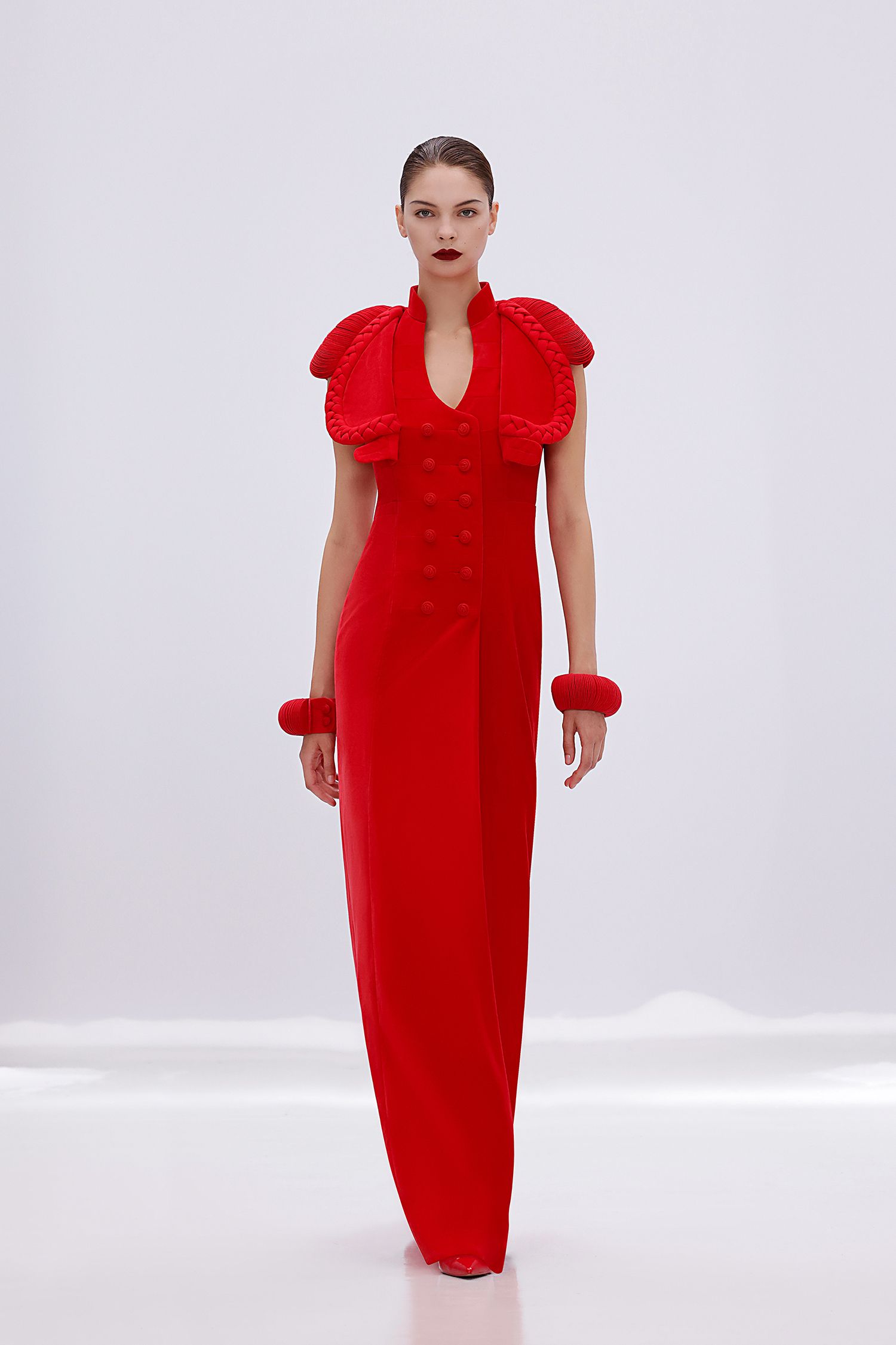 red silk sleeveless gown
