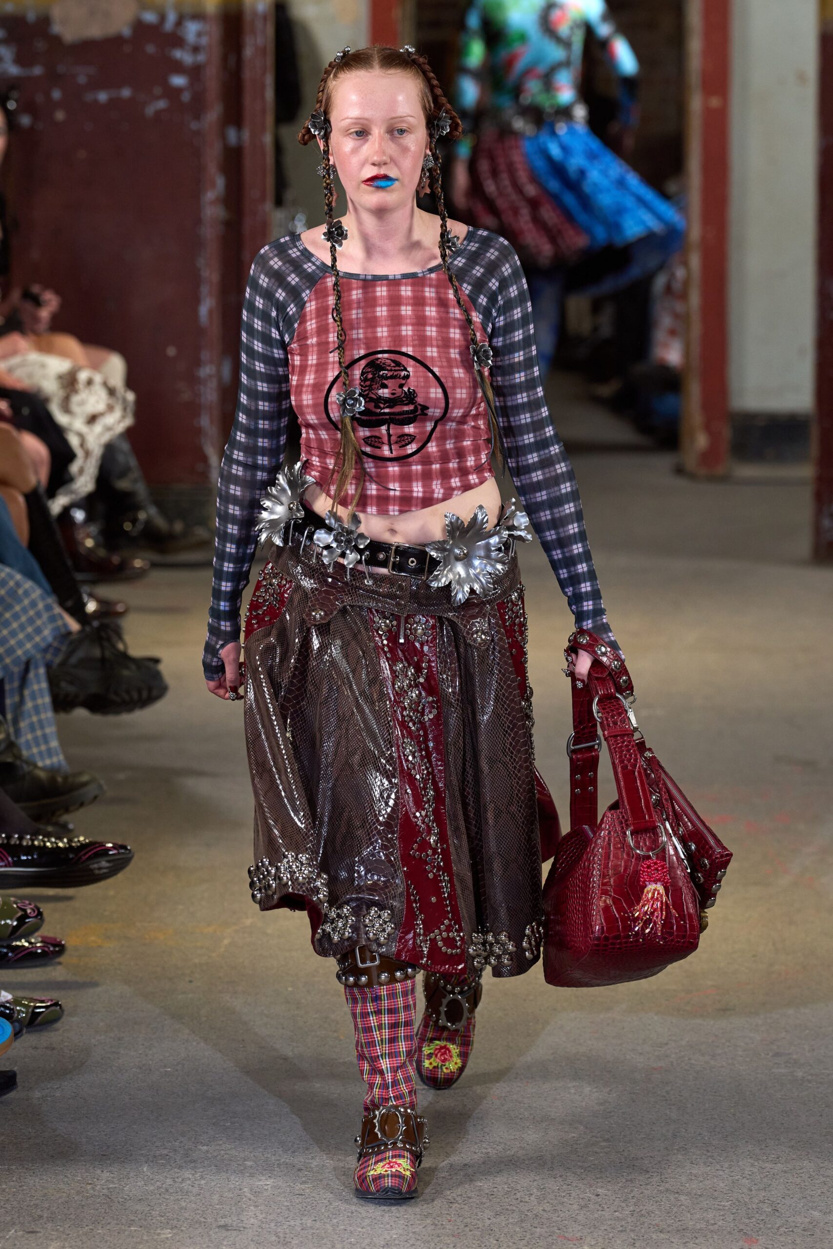 red and blue checked top with layered skirt