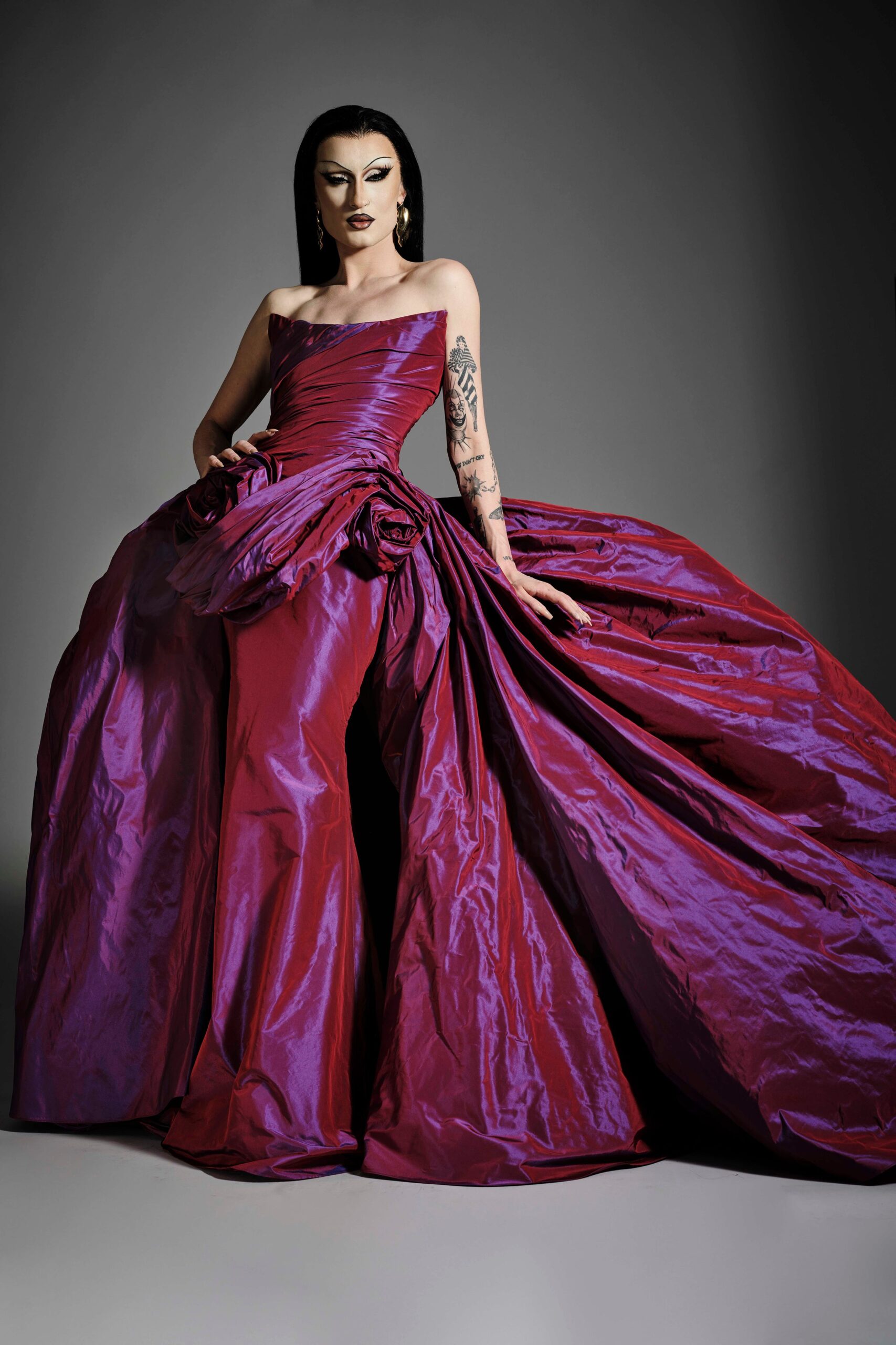 purple red strapless gown