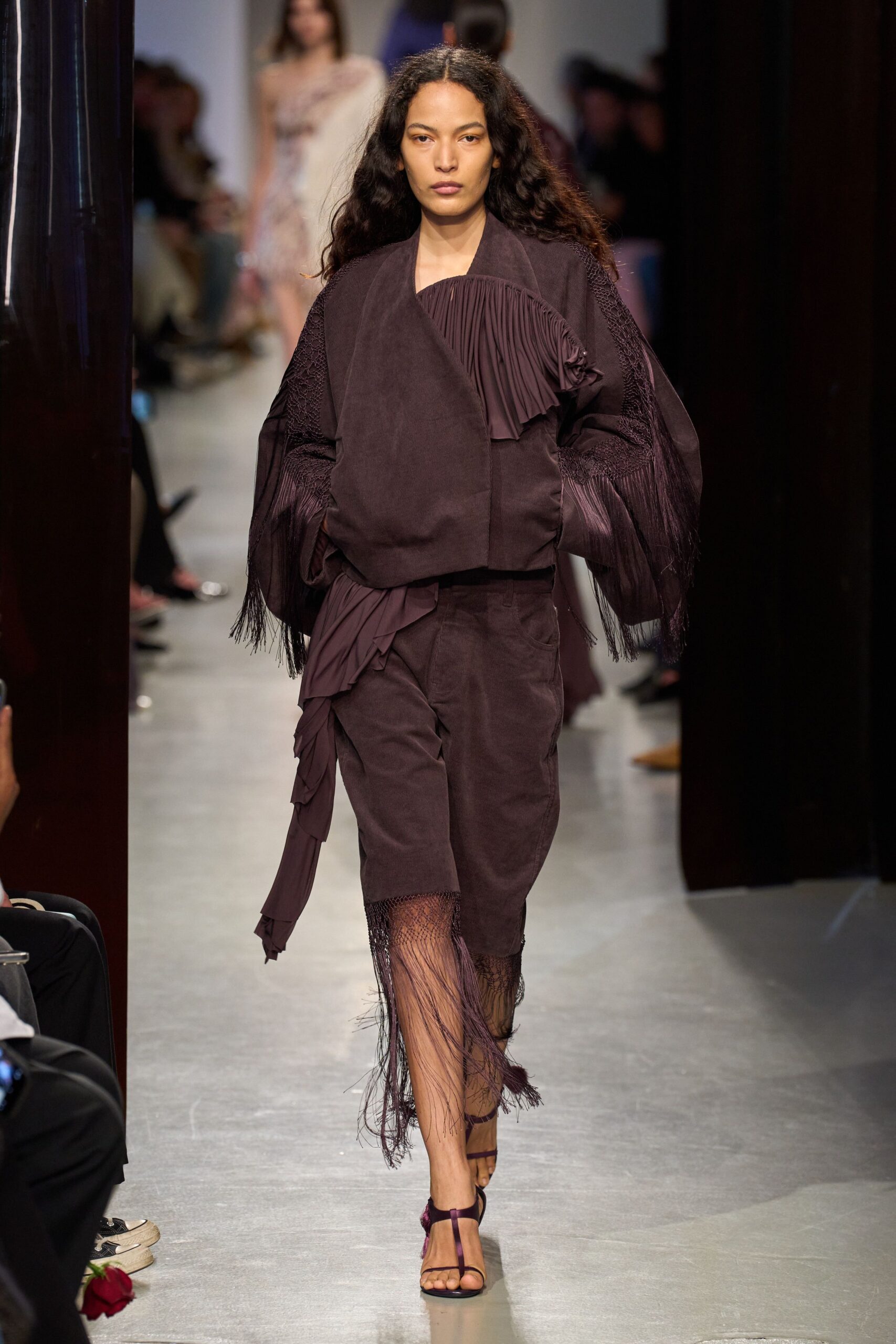 purple suede long-sleeve collared relaxed fringed draped jacket
