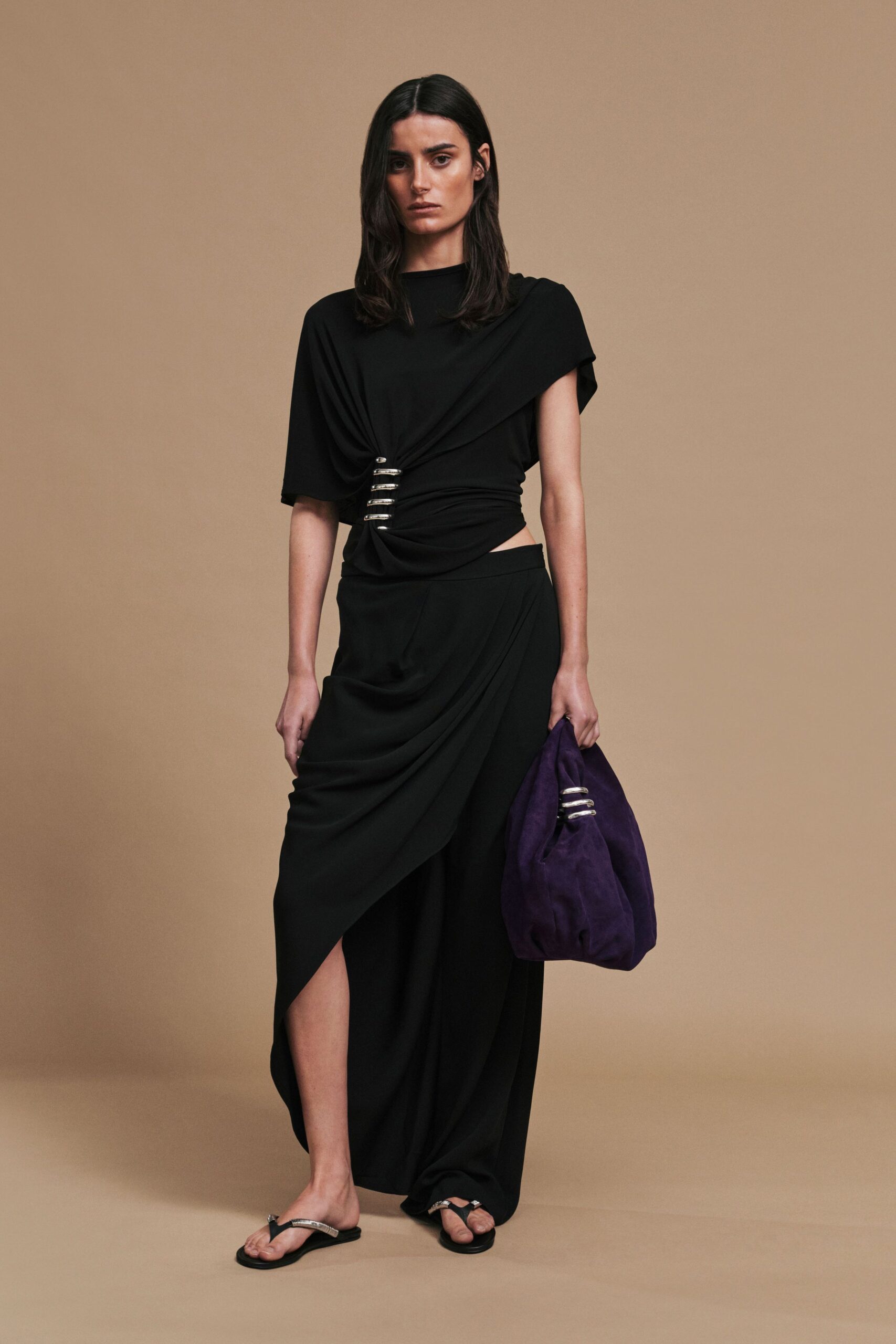 black draped top and skirt