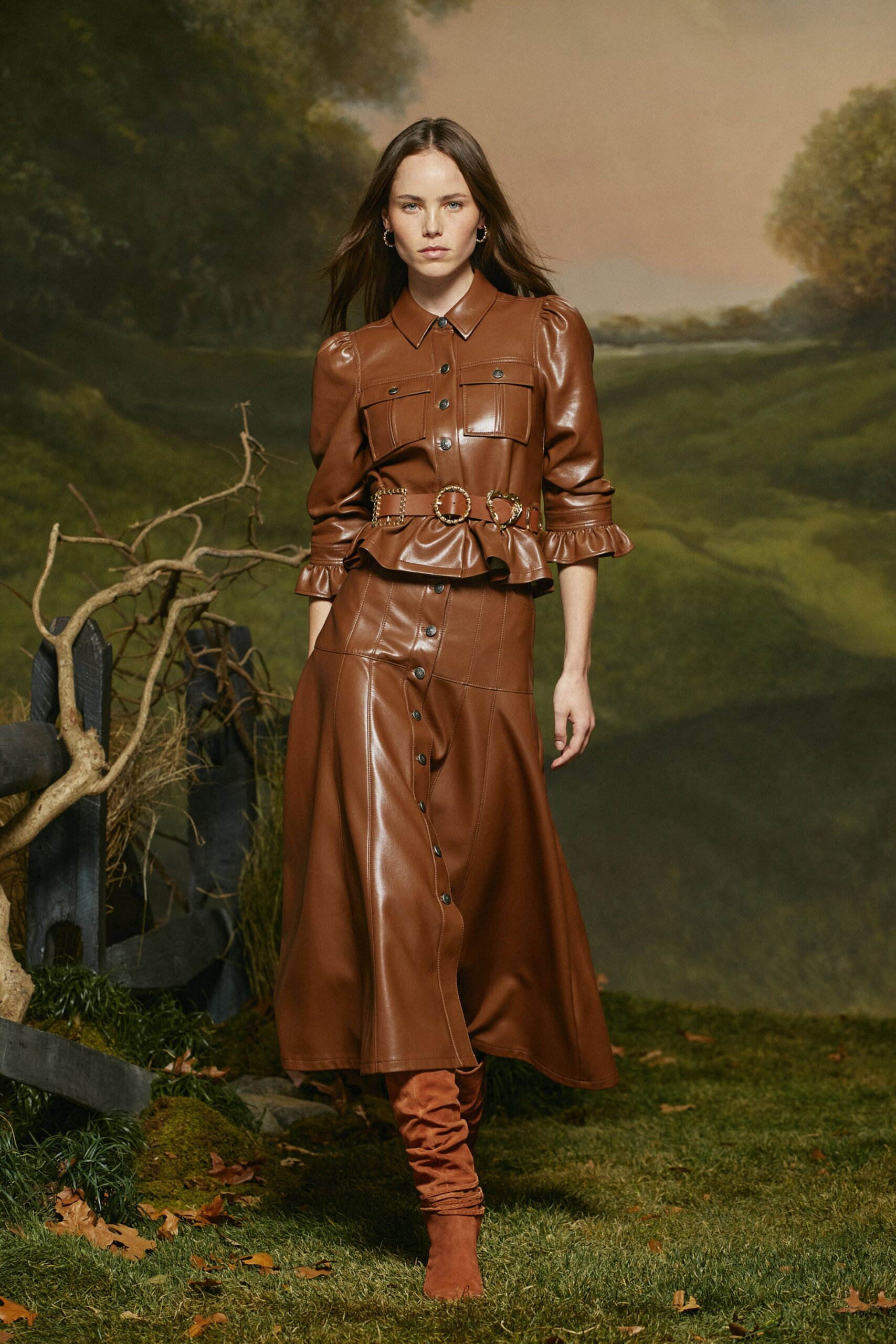 brown leather long-sleeve collared fitted buttoned pleated dress