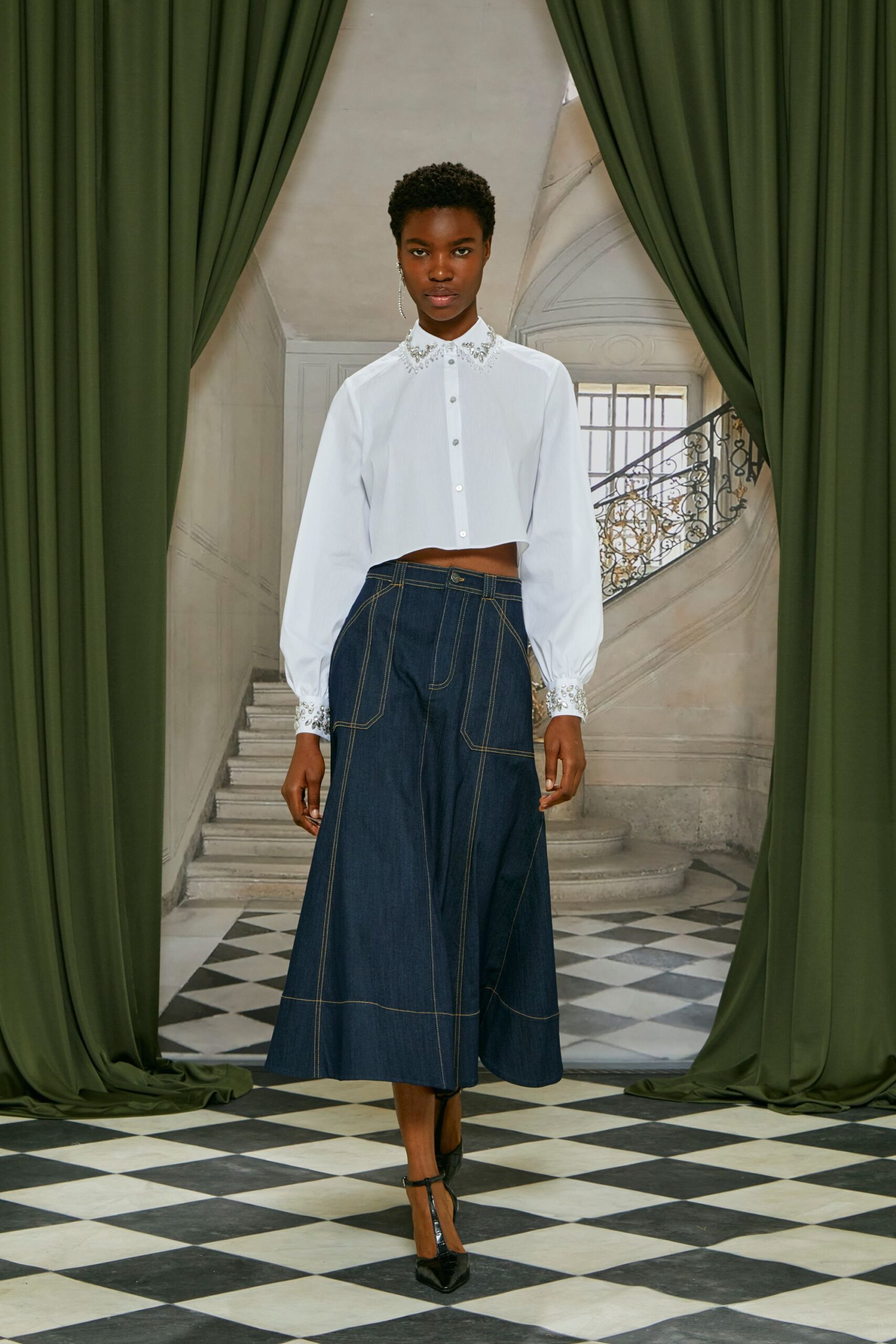 blue denim relaxed pleated wide-leg midi skirt