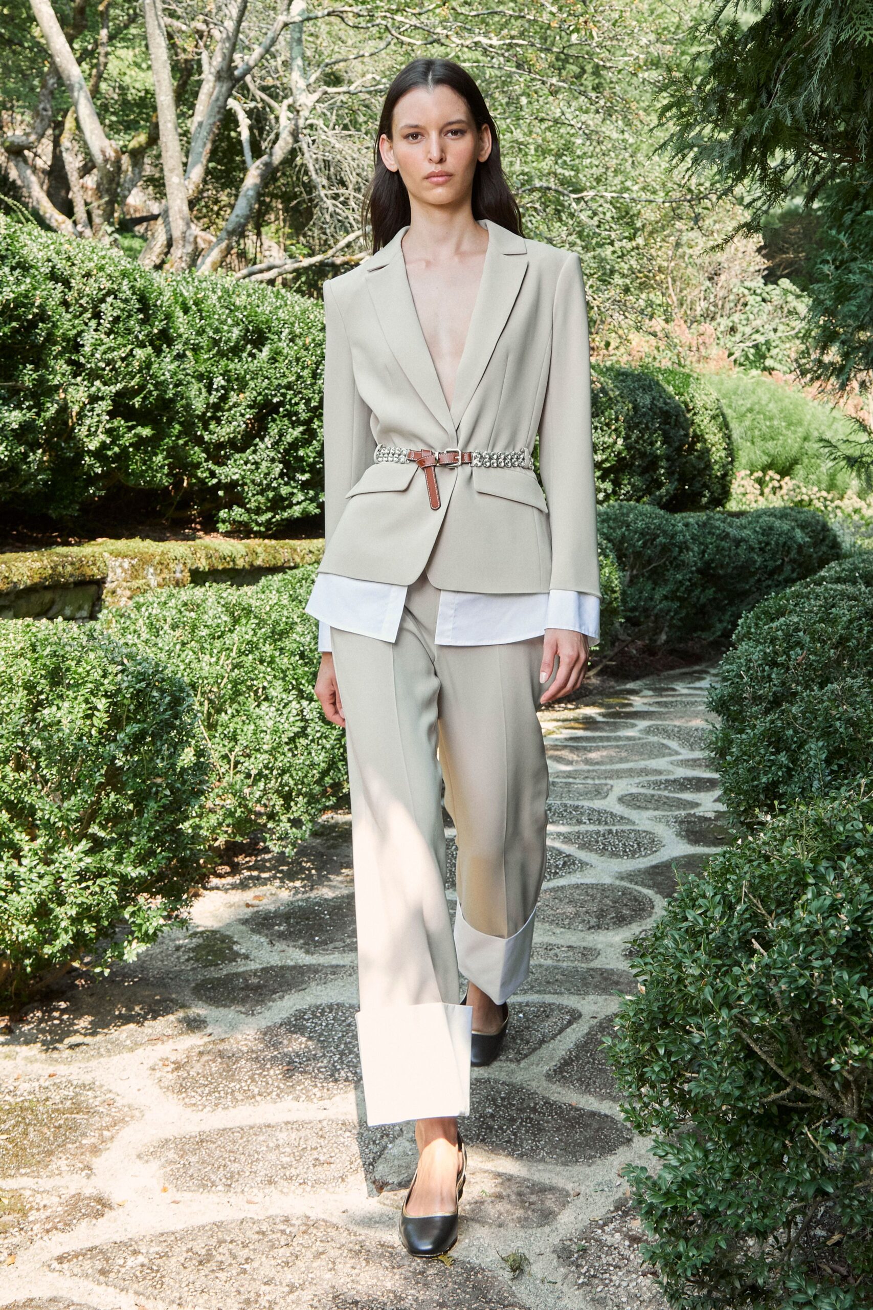 beige tailored blazer with wide-leg pants