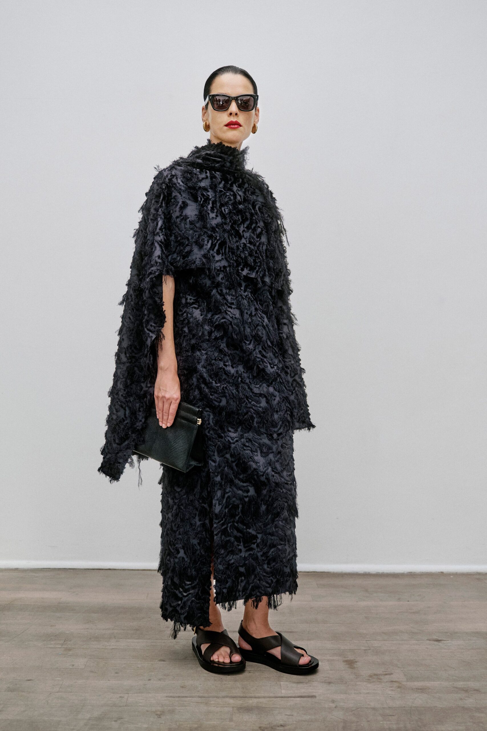 black fur long-sleeve high-neck relaxed fringed midi cape