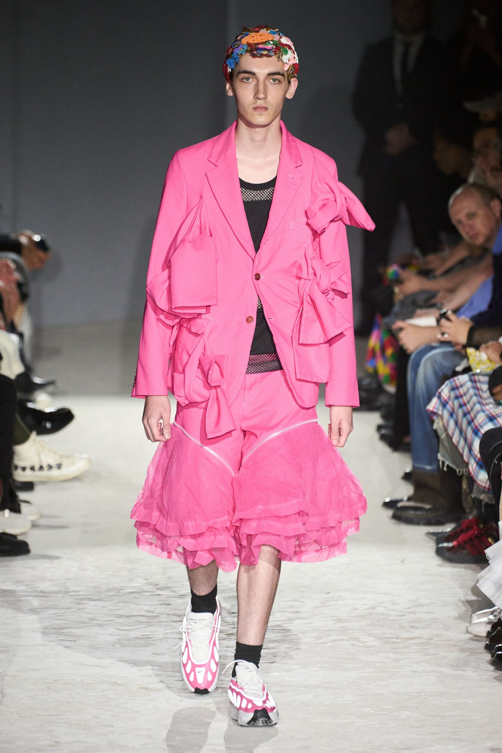 pink long-sleeve collared oversized layered ruffled blazer