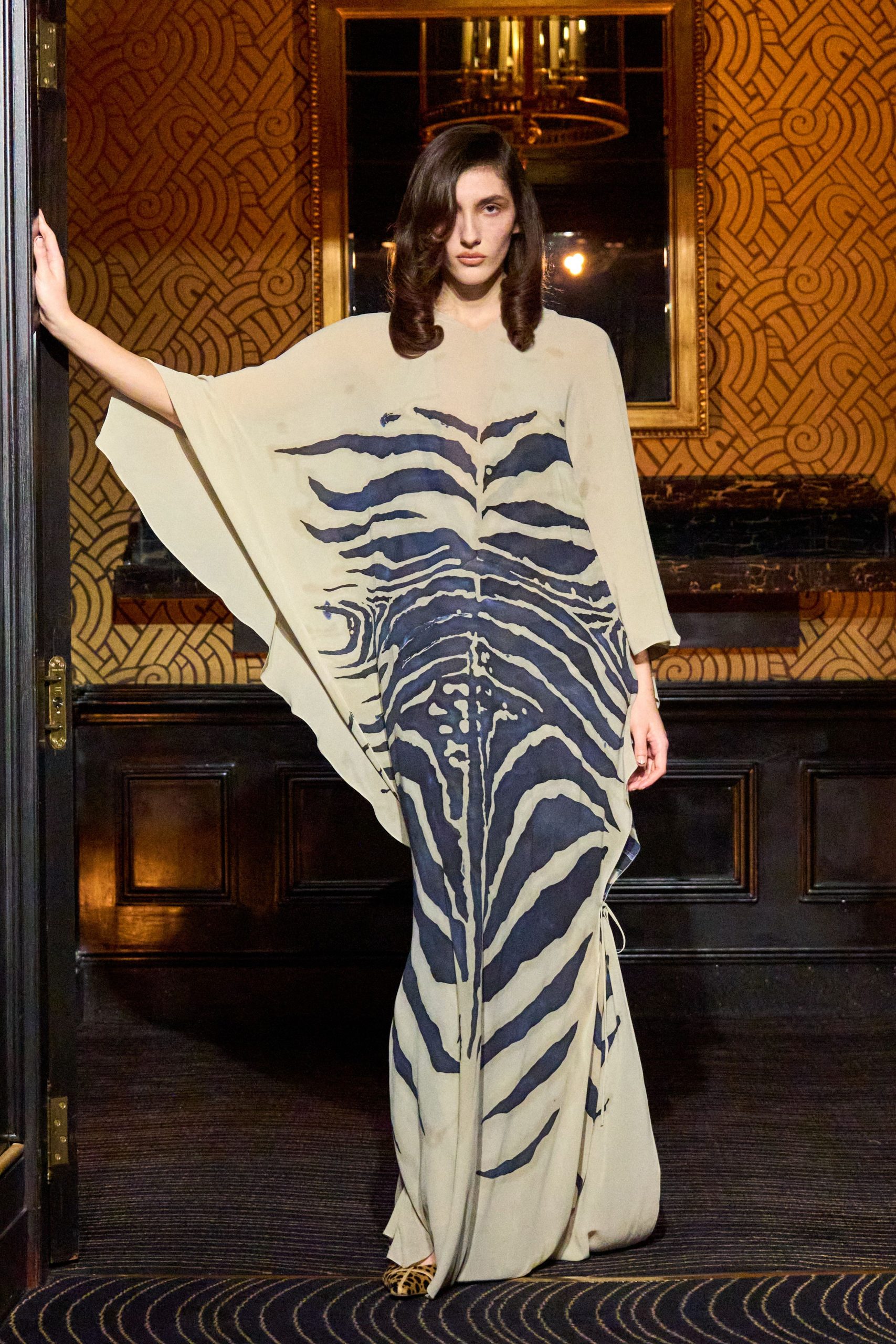 beige blue printed maxi gown