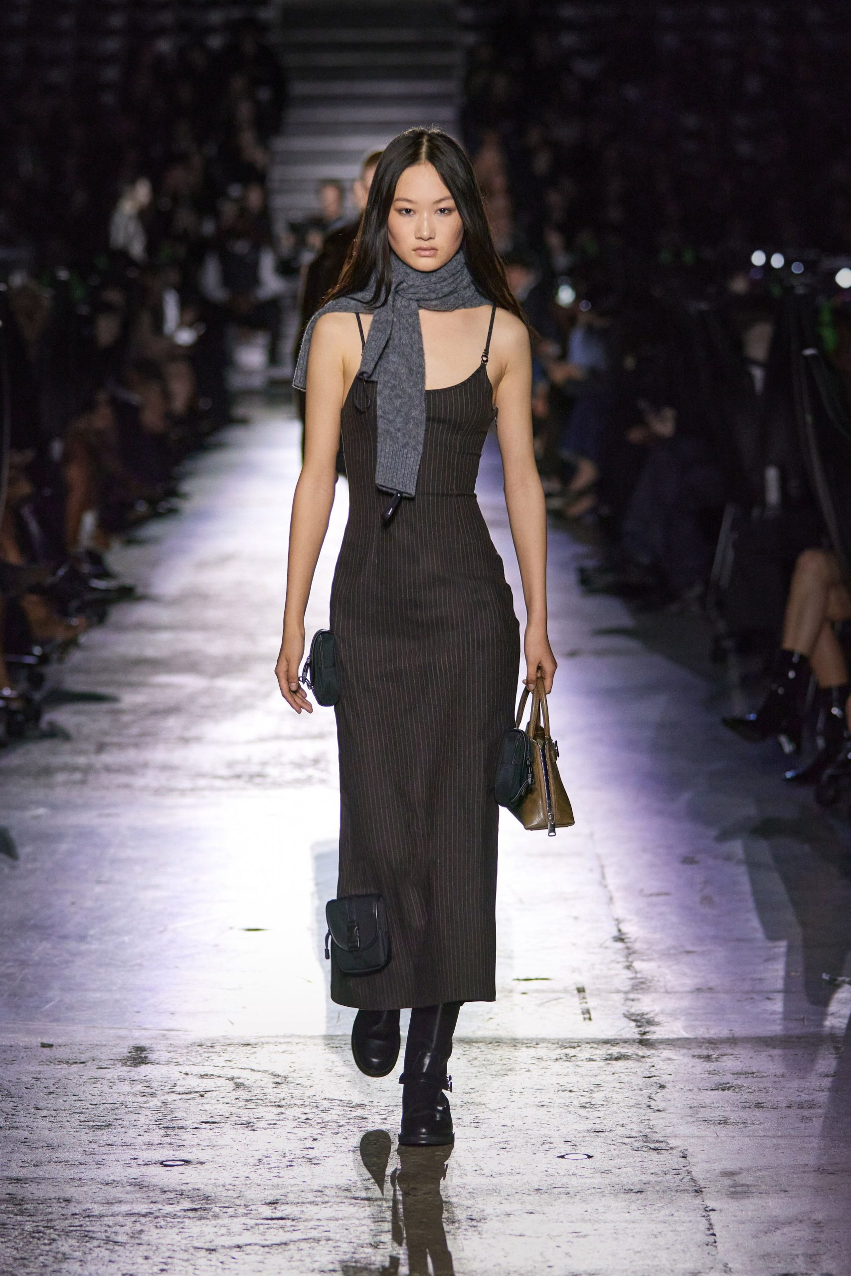 black fitted midi dress with gray scarf