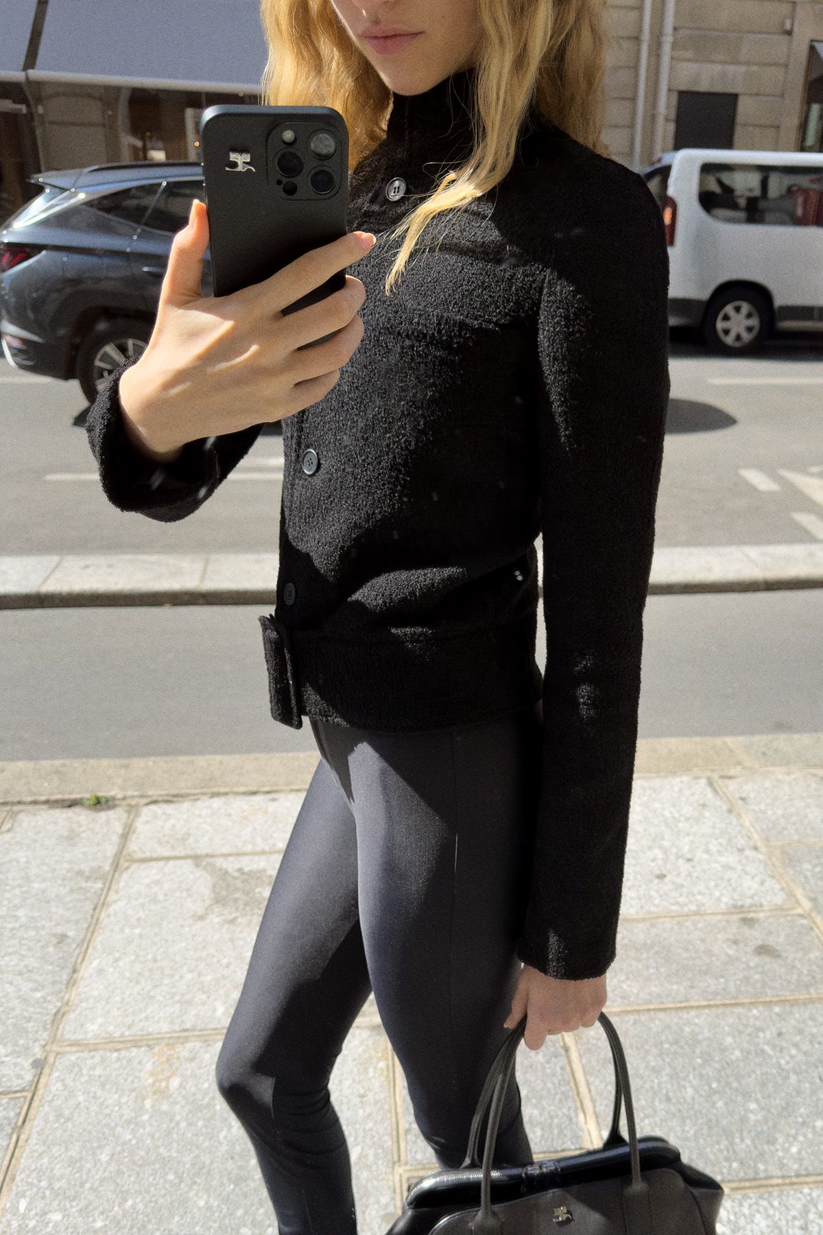black fitted jacket with leggings