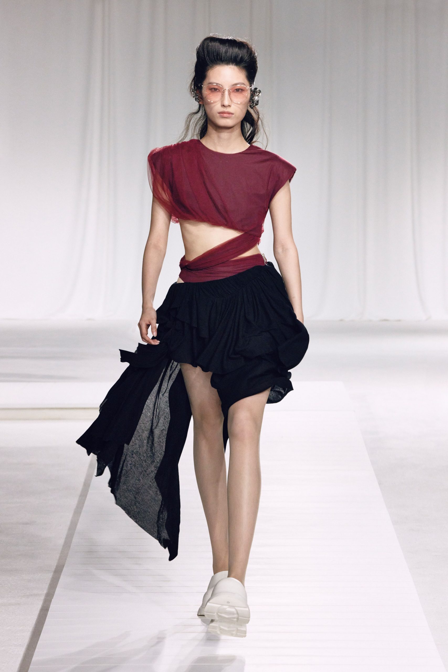 red silk top black skirt