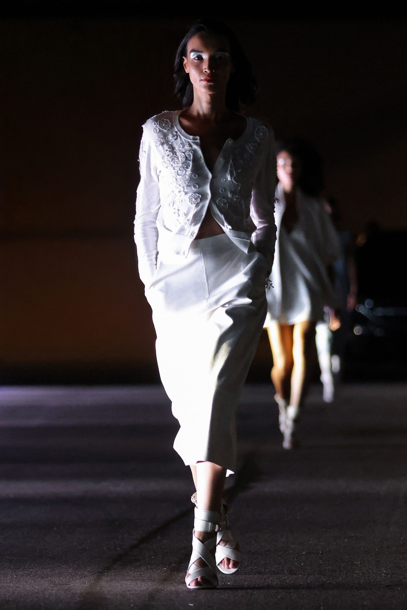 white silk blouse and midi skirt